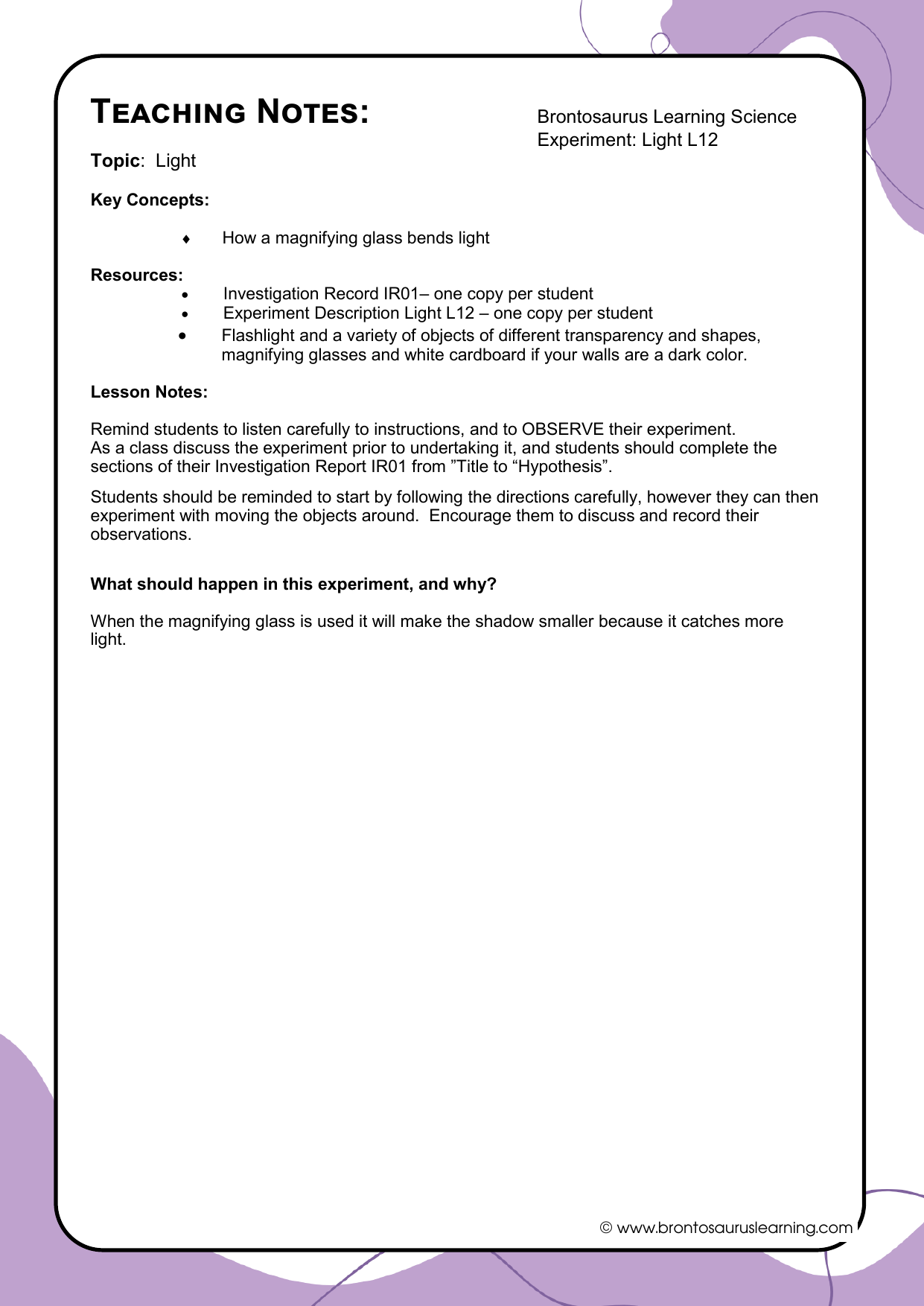 Light Experiment L12: Magnifying Shadows 3 Teacher notes page preview for Light Experiment: Magnifying Shadows