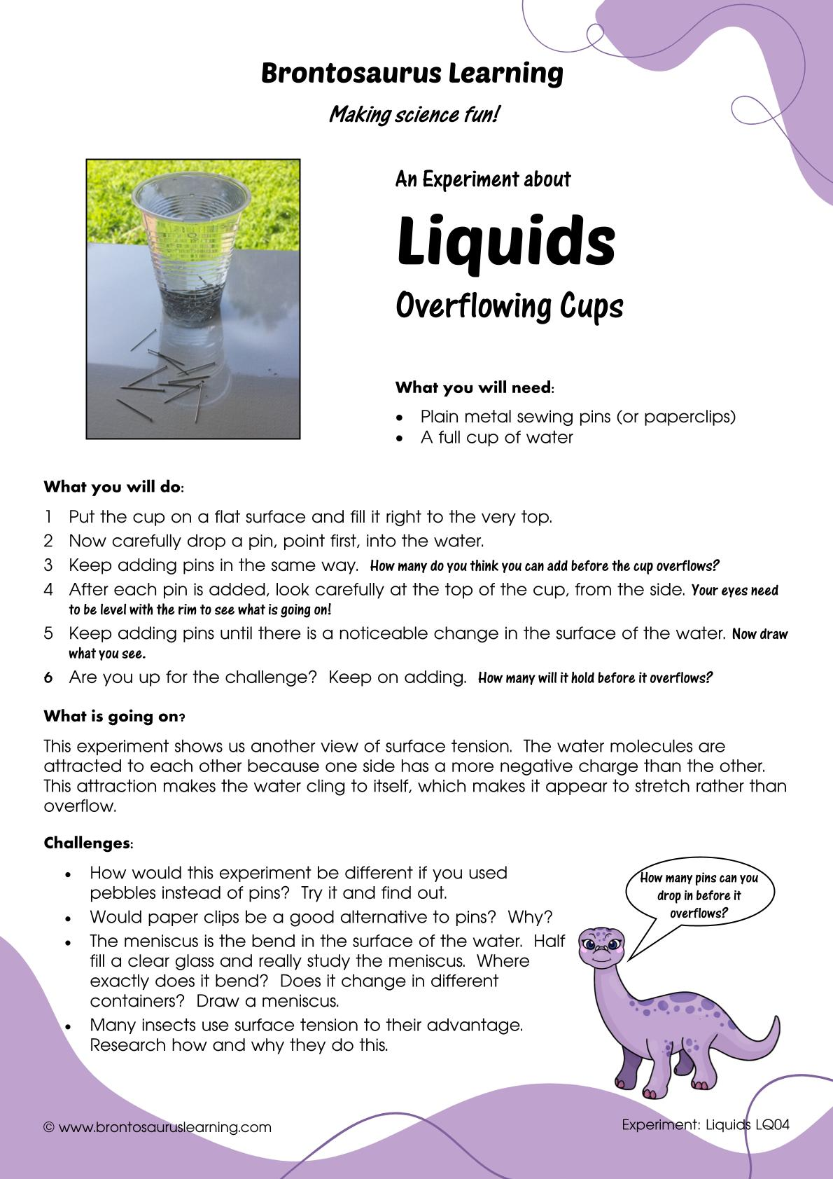 Liquid Experiment LQ04: Surface Tension - Overflowing Cups 2 Student resource page preview for Liquids Experiment: Surface Tension - Overflowing Cups