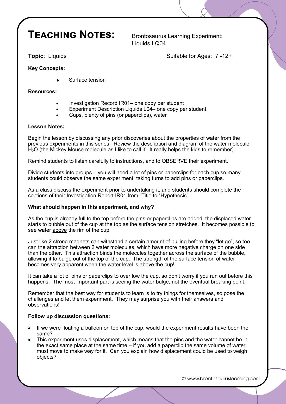 Liquid Experiment LQ04: Surface Tension - Overflowing Cups 3 Teacher notes page preview for Liquids Experiment: Surface Tension - Overflowing Cups