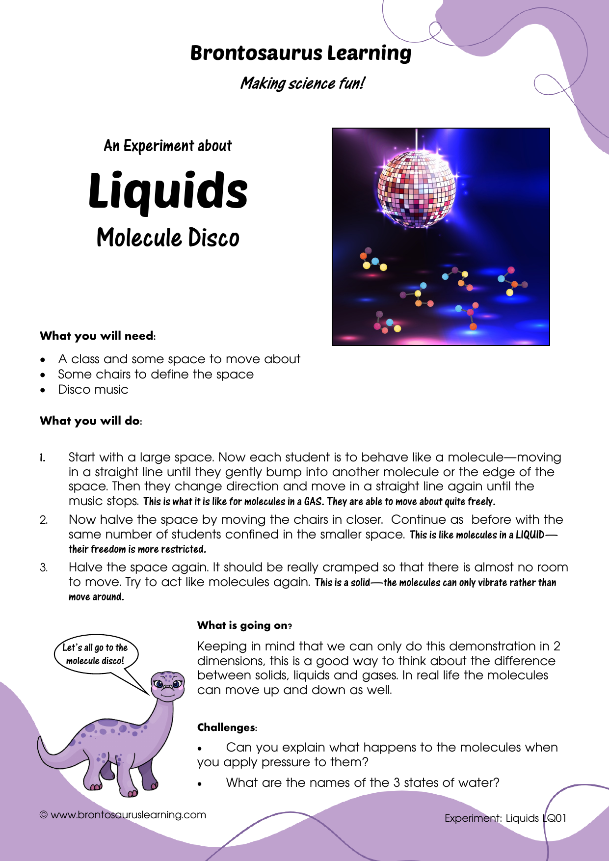 Student resource page preview for Liquids Experiment: Molecule Disco