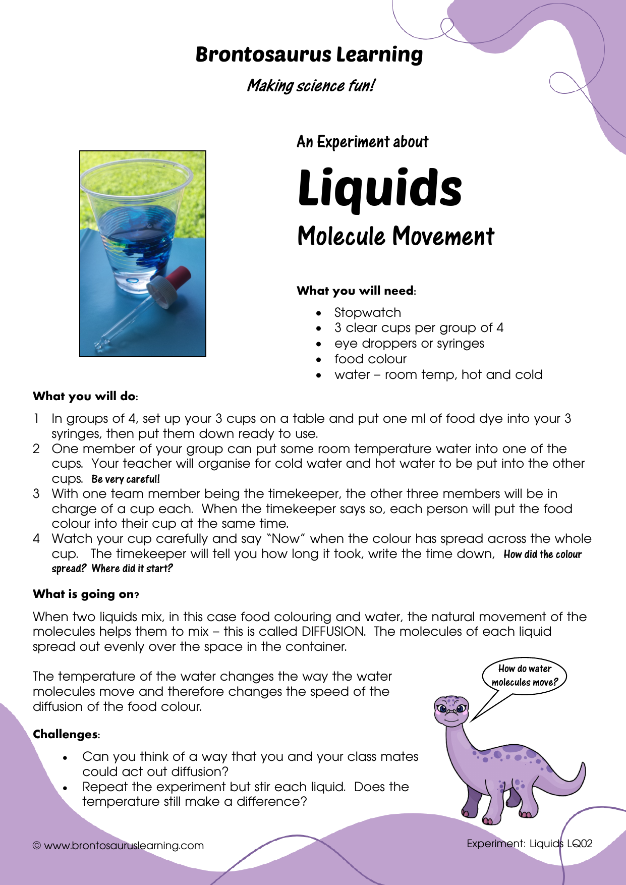 Liquid Experiment LQ02: Molecule Movement 2 Student resource page preview for Liquids Experiment: Molecule Movement