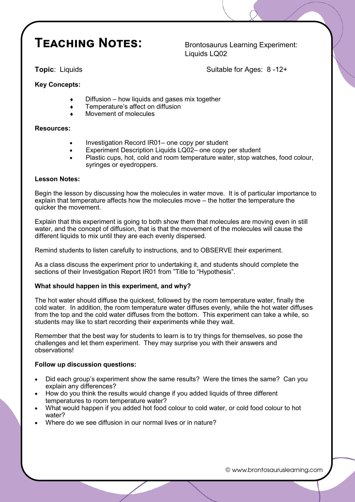 Liquid Experiment LQ02: Molecule Movement 3 Teacher notes page preview for Liquids Experiment: Molecule Movement