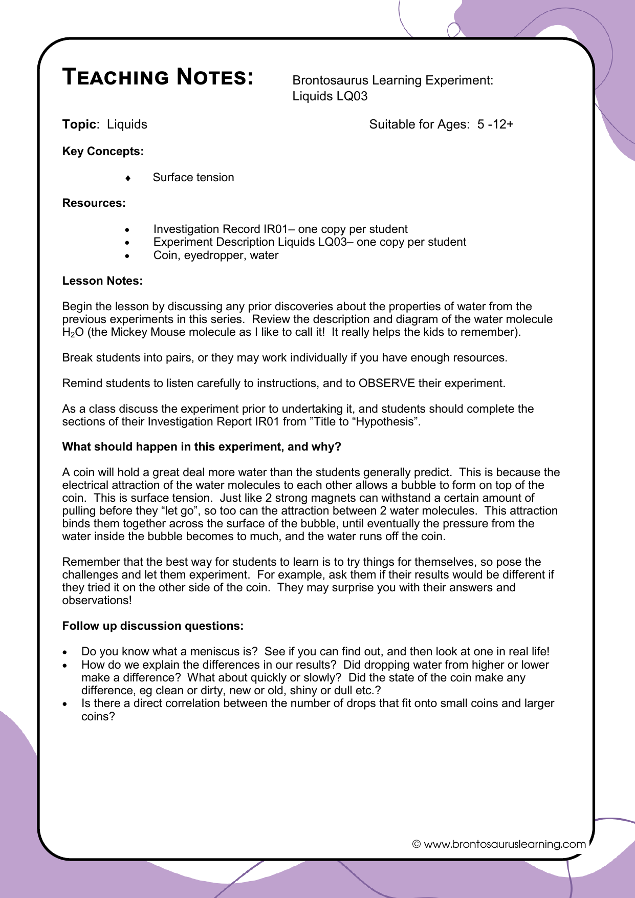 Teacher notes page preview for Liquids Experiment: Surface Tension - Drops on a Coin