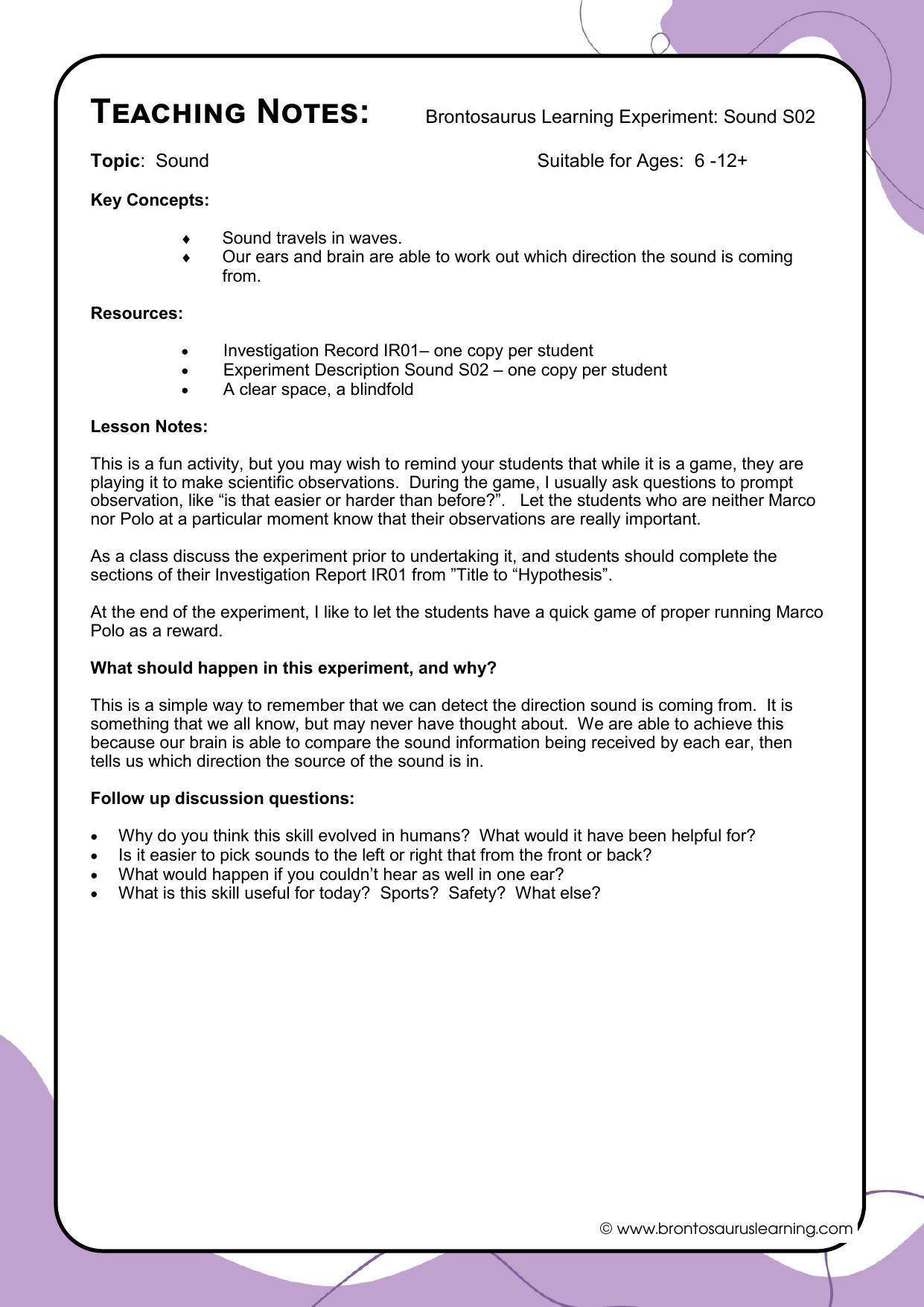 Teacher notes page preview for Sound Experiment: Sound Amplification