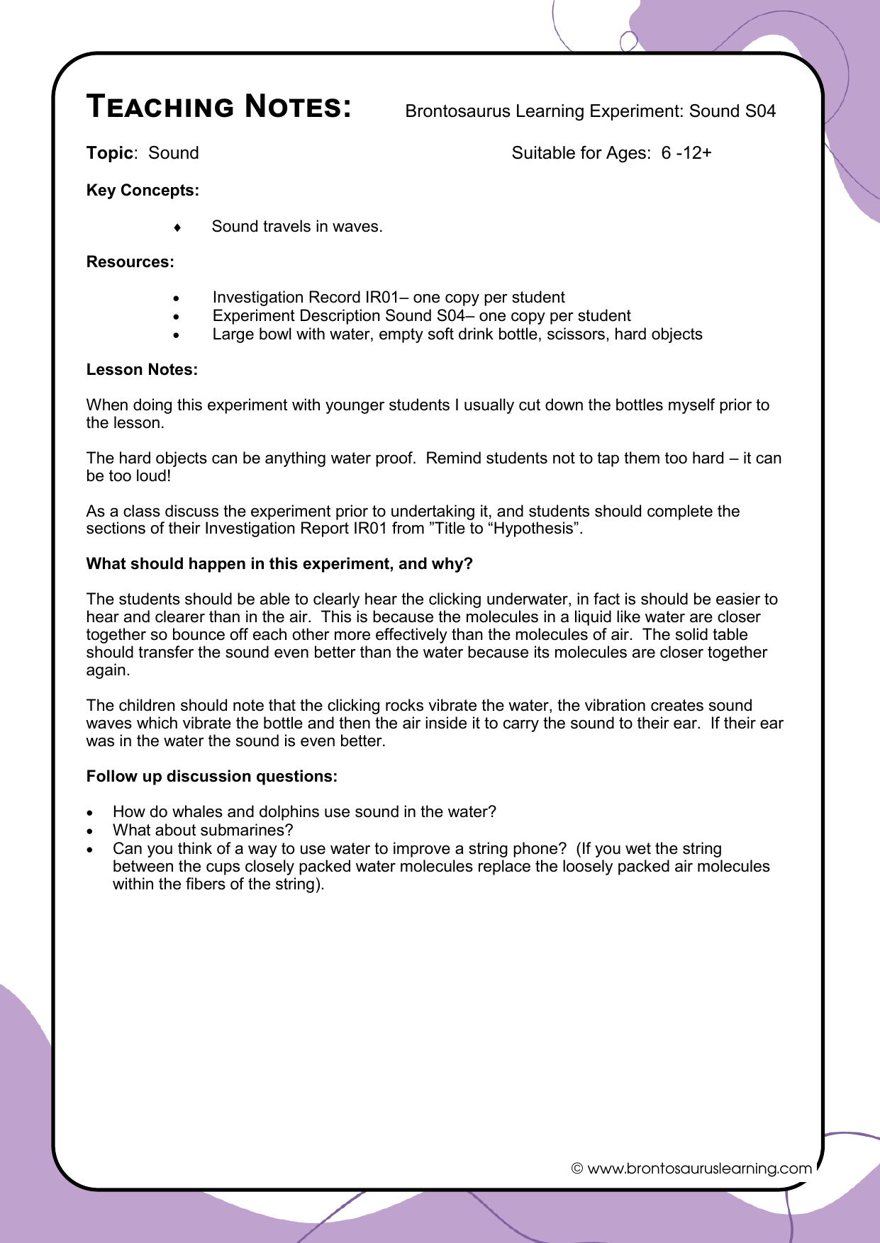 Teacher notes page preview for Sound Experiment: Guess That Sound