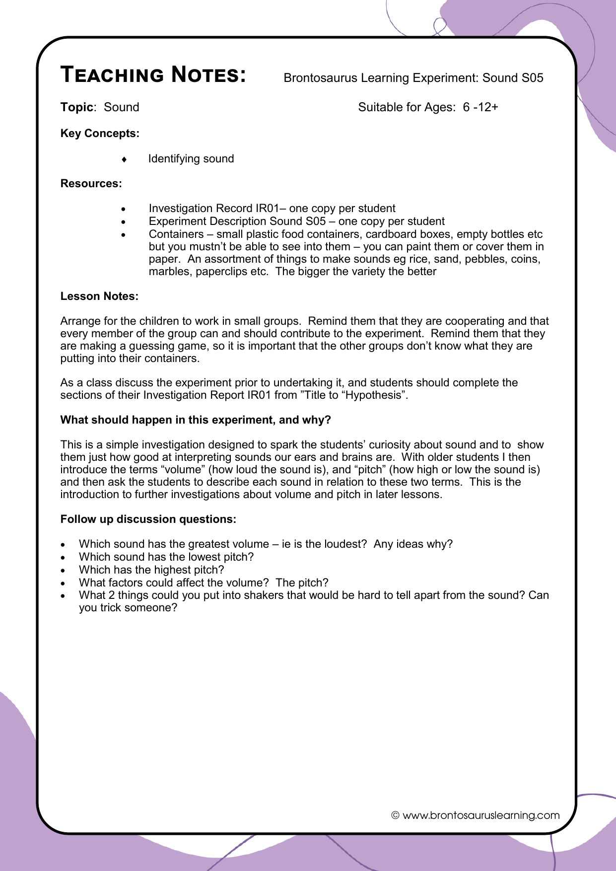 Teacher notes page preview for Sound Experiment: Balloon Amplifier
