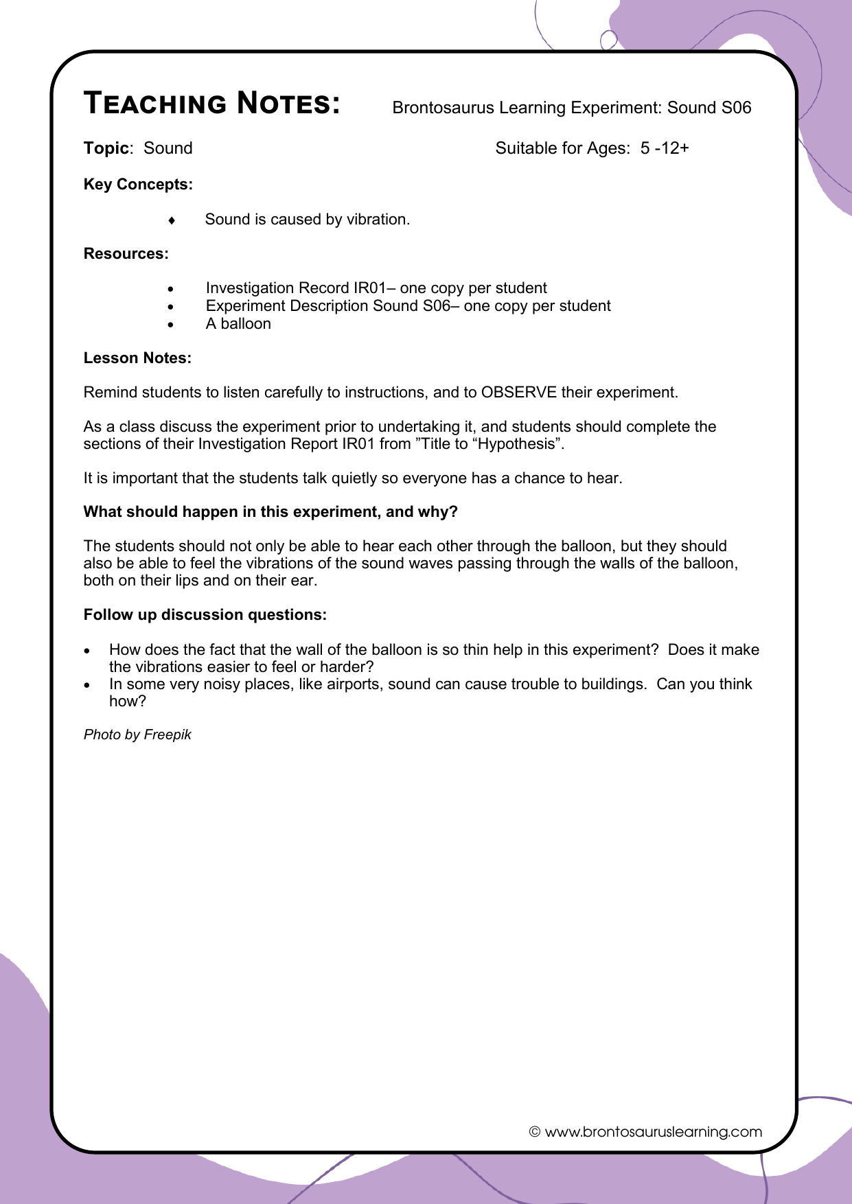 Sound Experiment S07: Singing Button 3 Teacher notes page preview for Sound Experiment: Singing Button