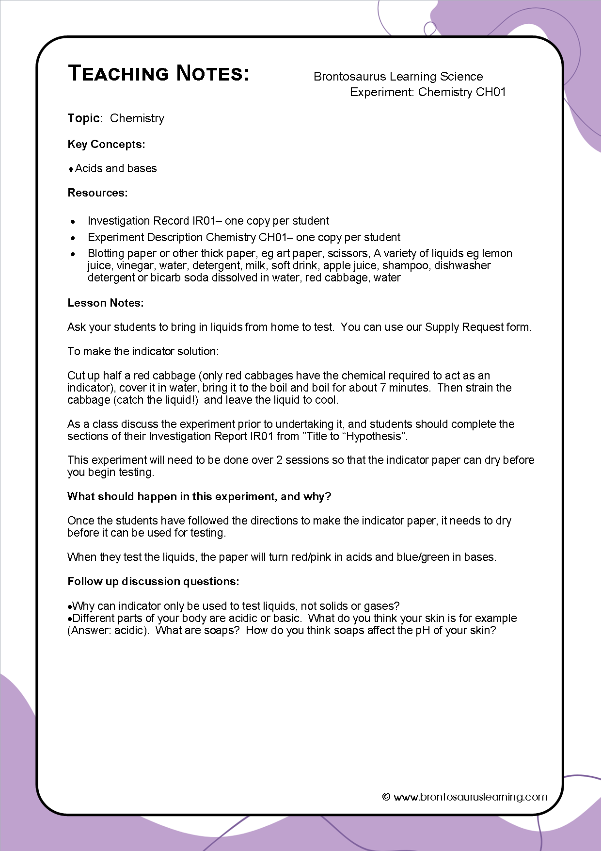 Teacher notes page preview for Chemistry Experiment: DIY Indicator Paper