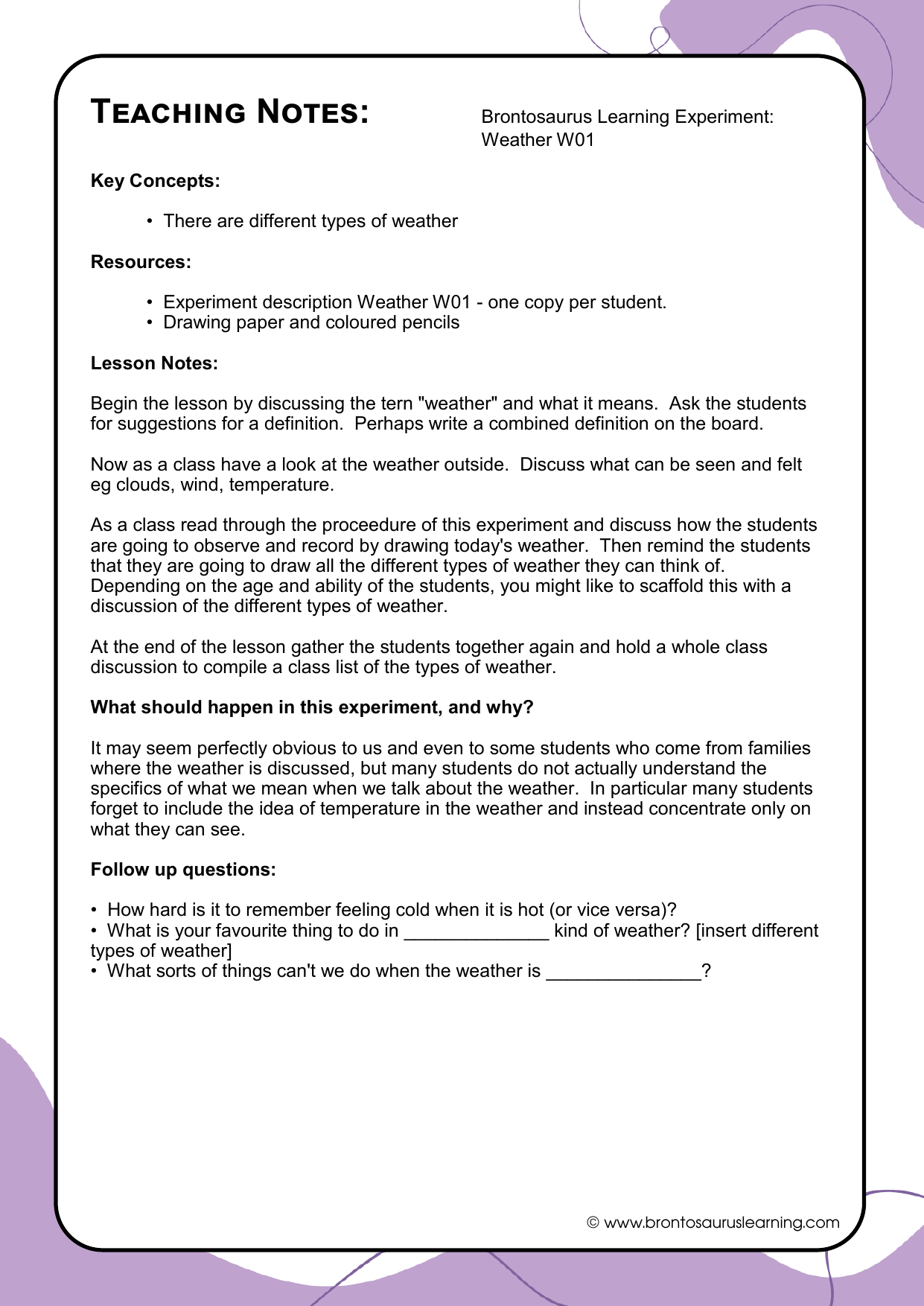 Weather Experiment W02: Effects of Weather 3 Teacher notes page preview for Weather Experiment: Effects of Weather