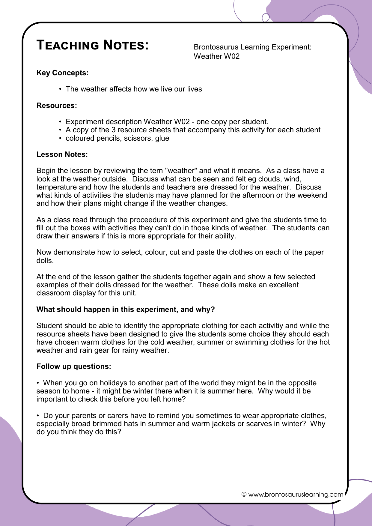 Teacher notes page preview for Weather Experiment: Make a Thermometer