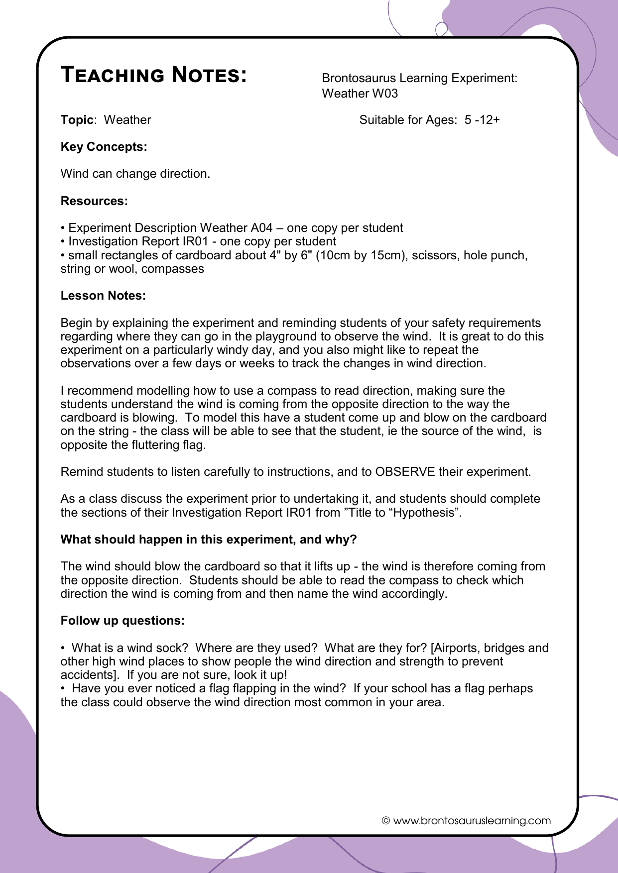 Teacher notes page preview for Weather Experiment: Freezing and Melting