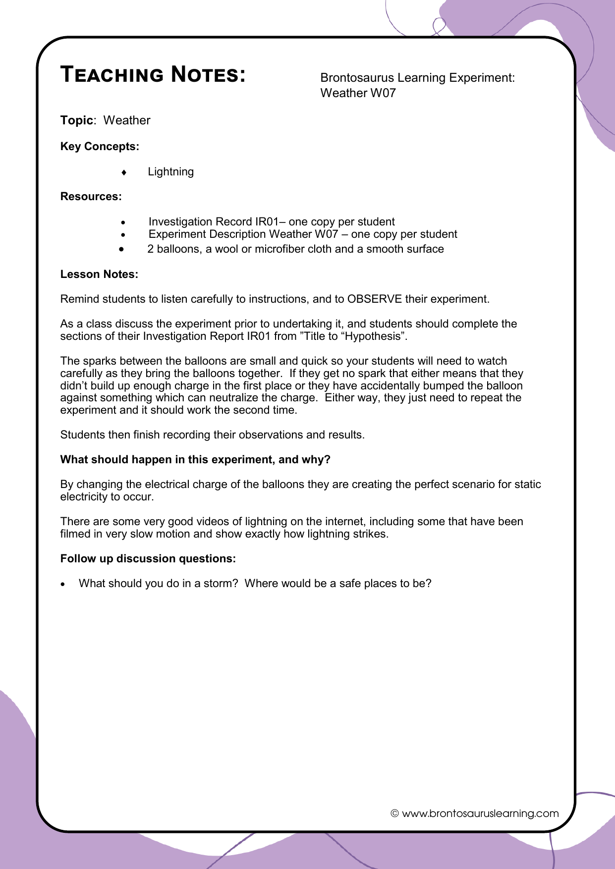 Teacher notes page preview for Weather Experiment: Evaporation