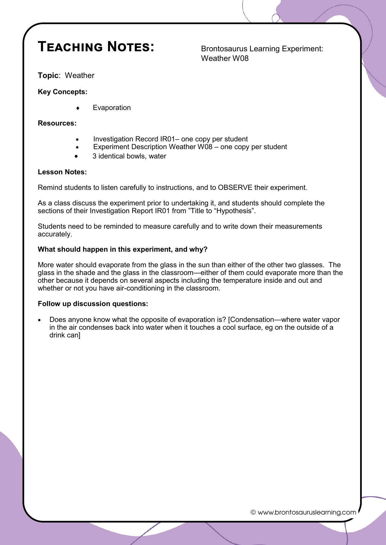 Weather Experiment W09: Make a Barometer 3 Teacher notes page preview for Weather Experiment: Make a Barometer