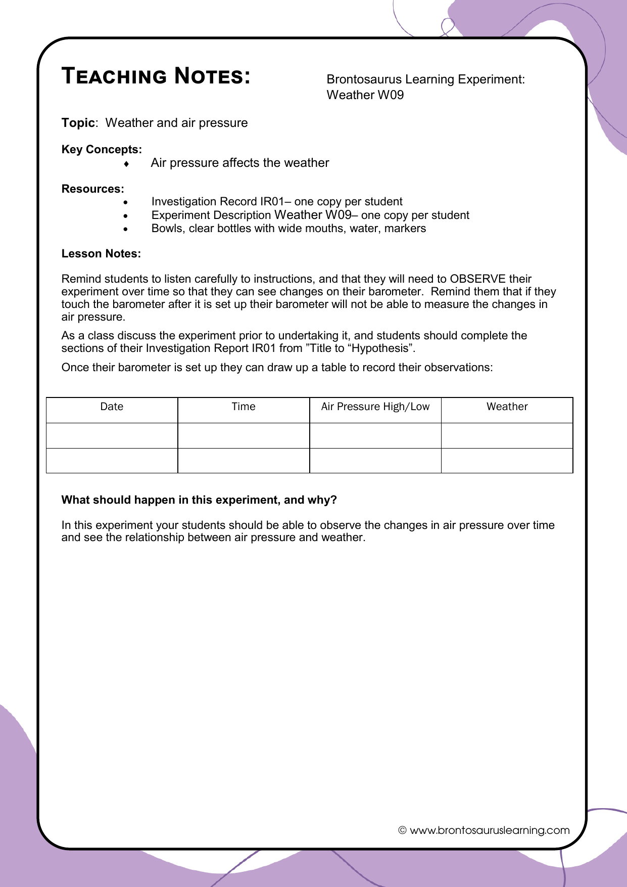 Teacher notes page preview for Weather Experiment: Rain Gauge