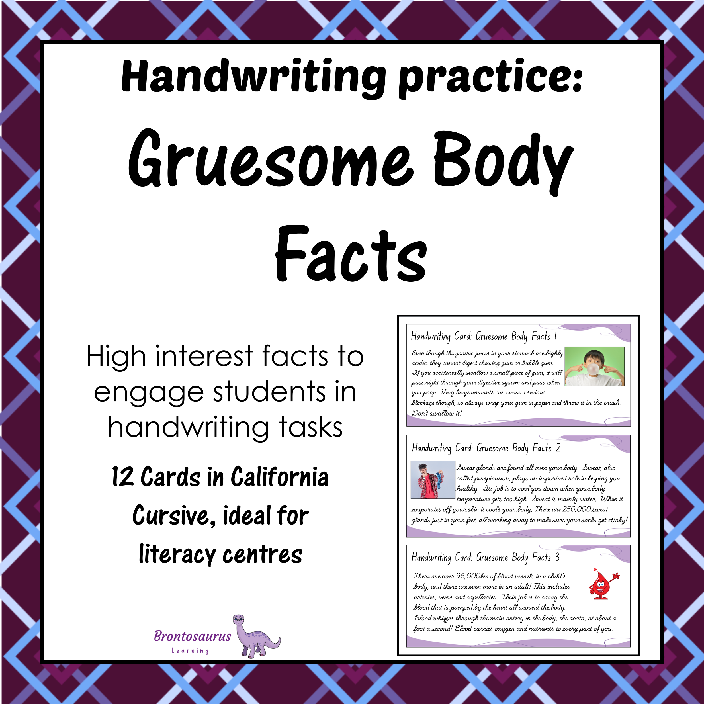 Cover preview of Gruesome Body Facts handwriting cards for California in cursive handwriting, a printable classroom resource.
