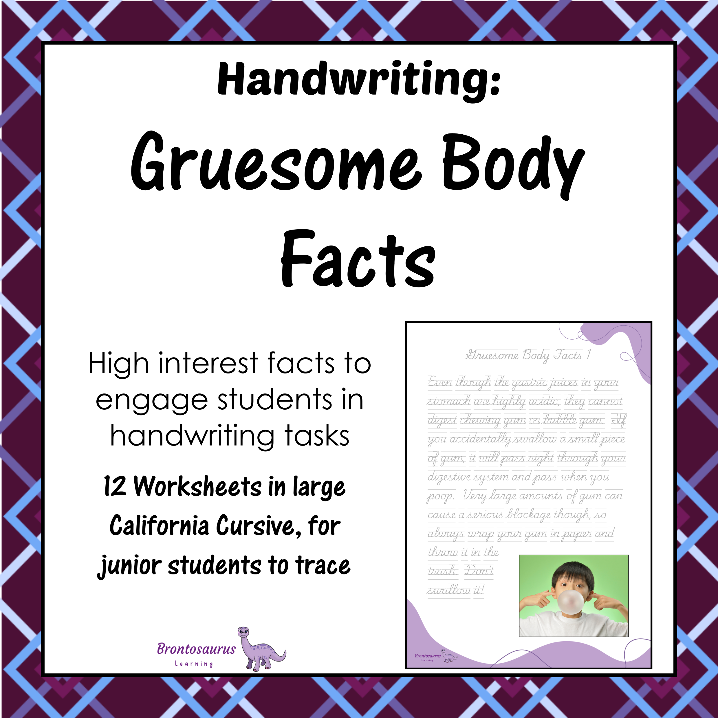 Cover preview of Gruesome Body Facts junior handwriting worksheets for California in cursive handwriting, a printable classroom resource.