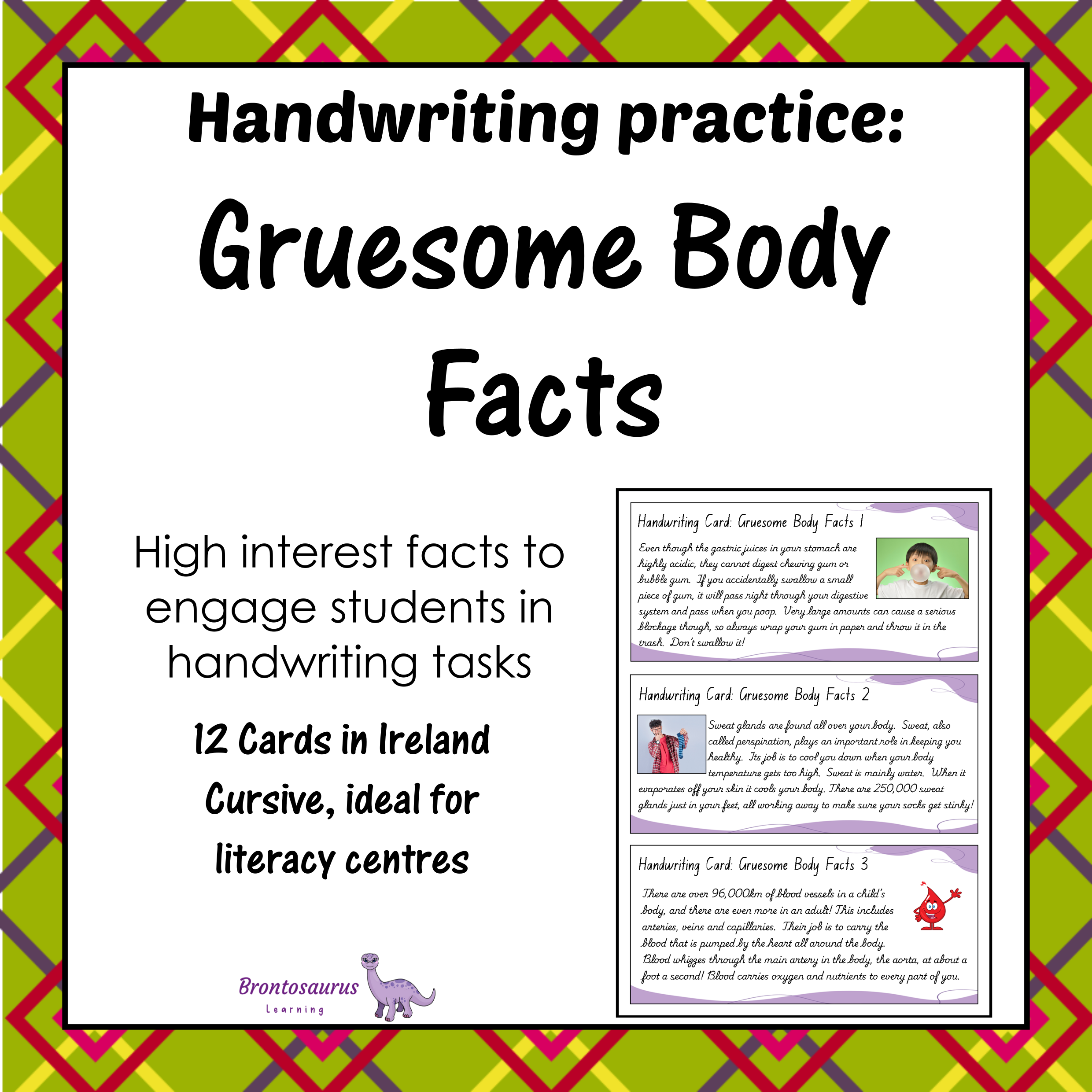 Cover preview of Gruesome Body Facts handwriting cards for Ireland in cursive handwriting, a printable classroom resource.