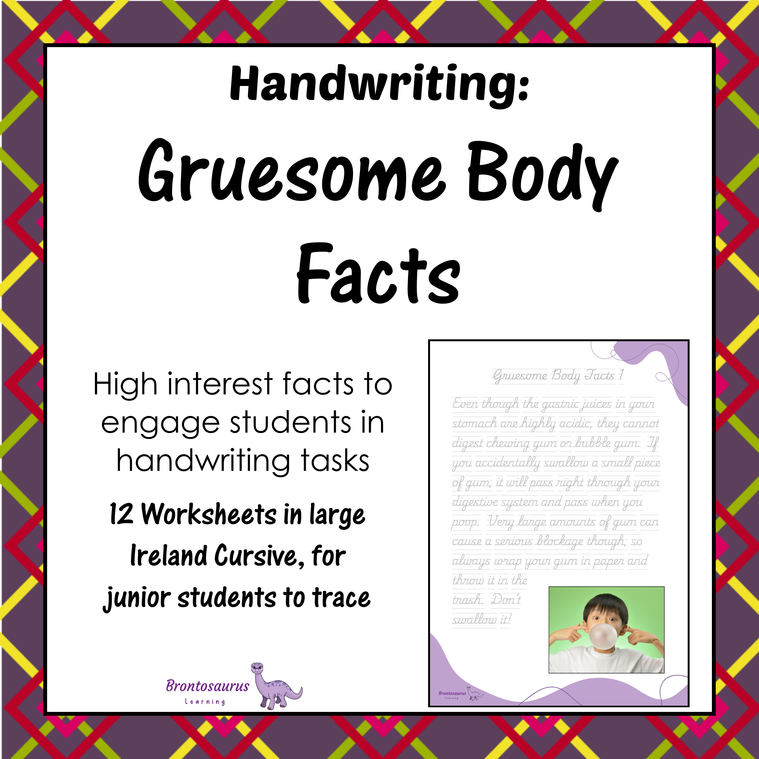 Cover preview of Gruesome Body Facts junior handwriting worksheets for Ireland in cursive handwriting, a printable classroom resource.