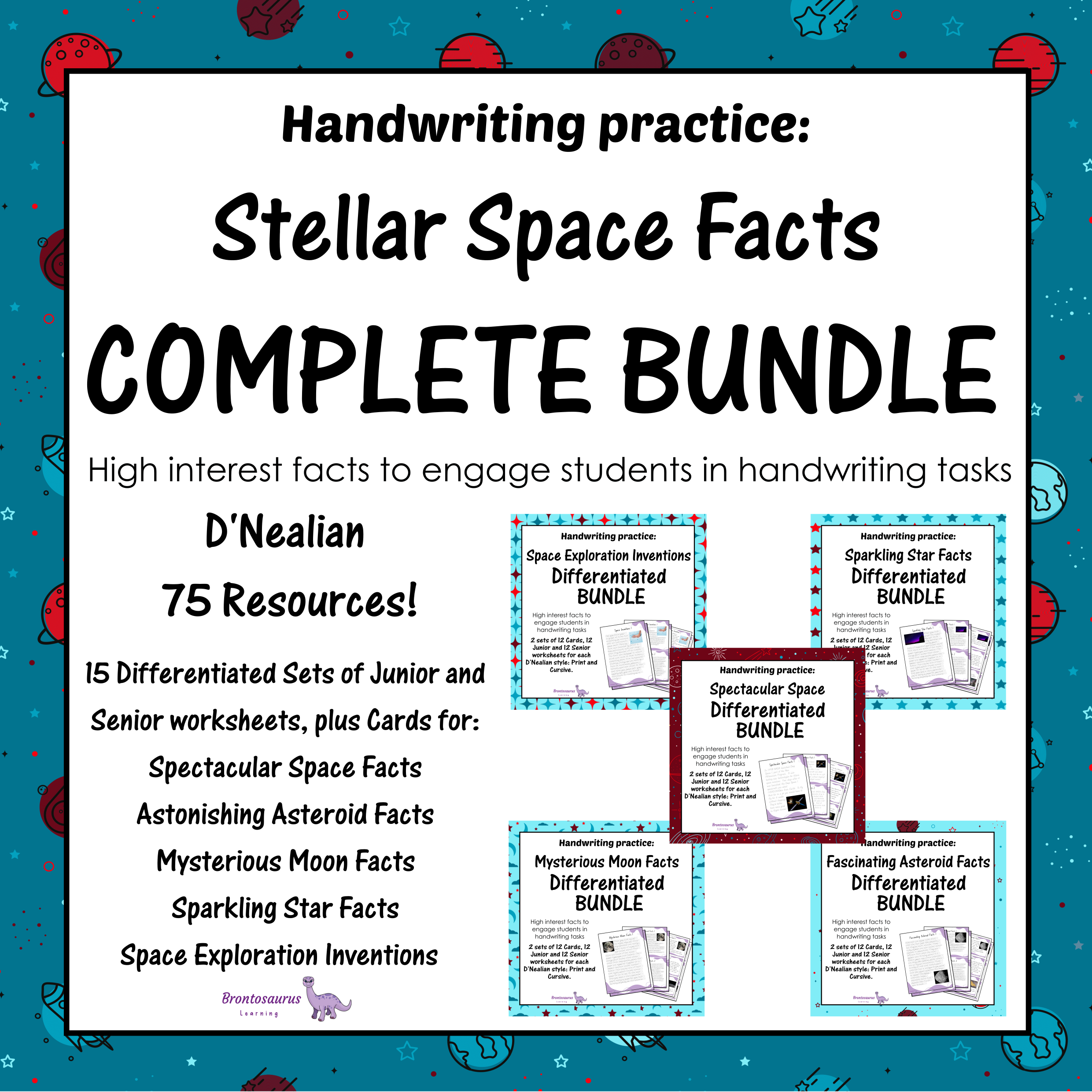 Cover preview of the Spectacular Space Facts complete differentiated handwriting bundle for D'Nealian, a printable classroom resource collection.