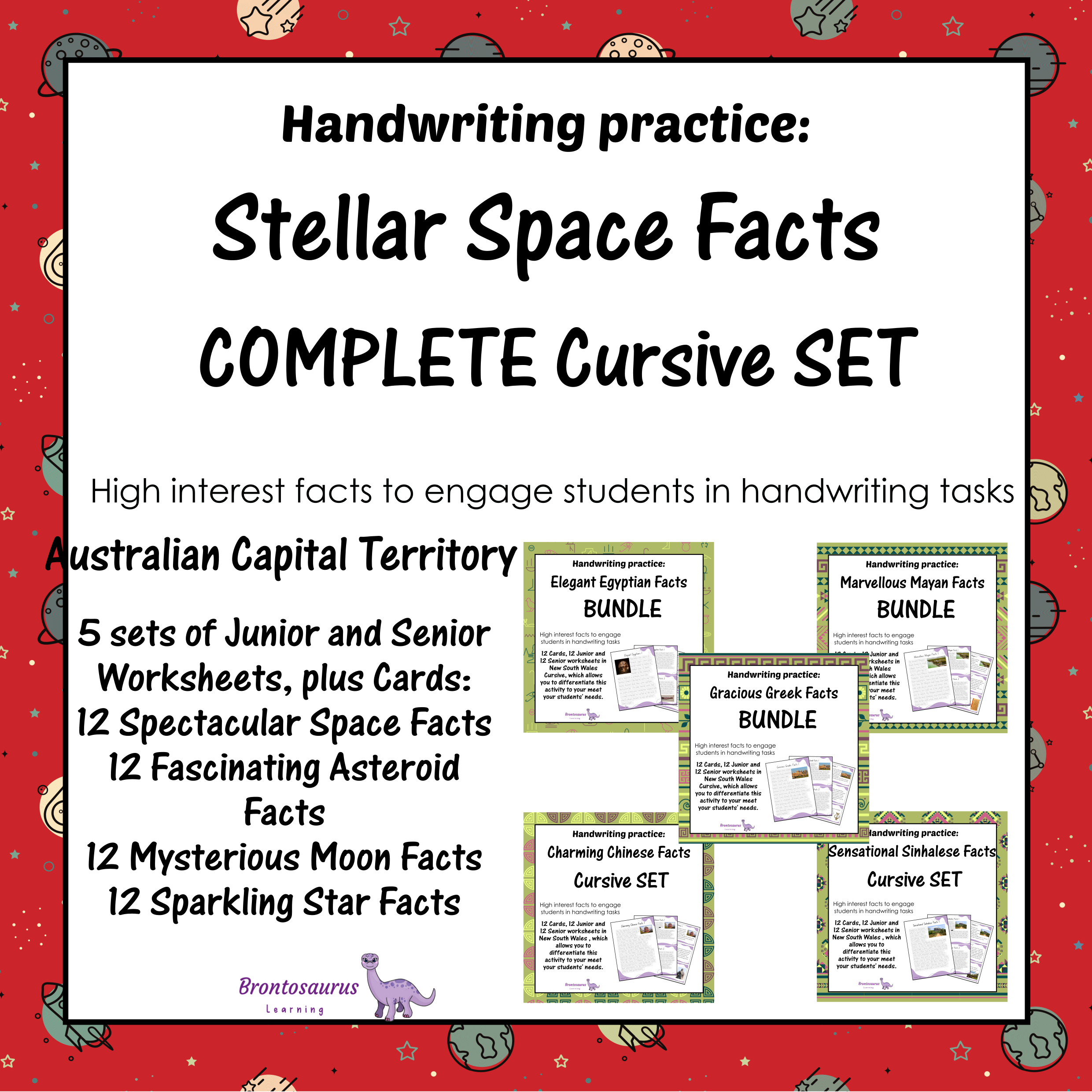 Cover preview of the Spectacular Space Facts cursive handwriting bundle for Australian Capital Territory, a printable classroom resource collection.