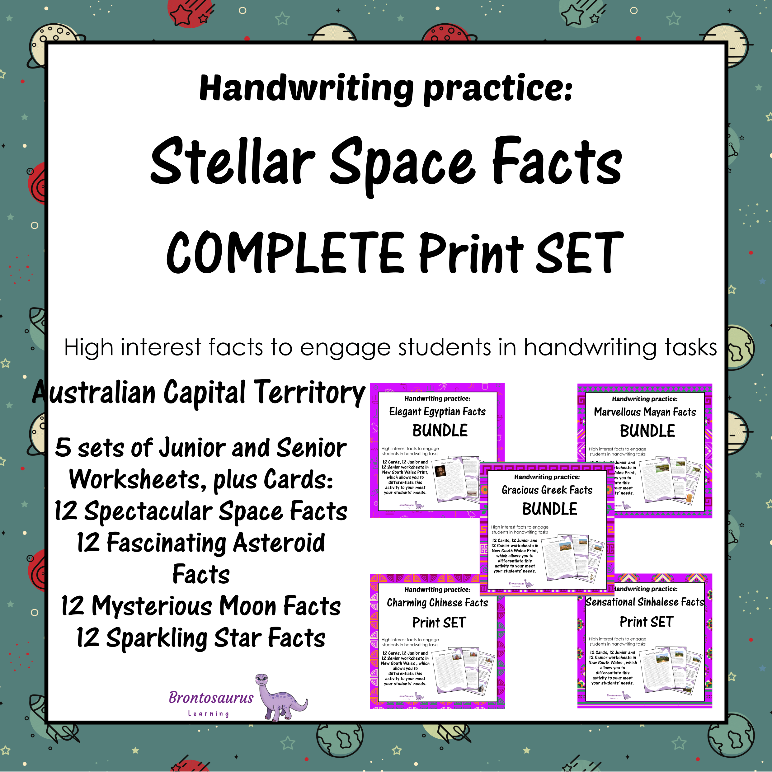 Cover preview of the Spectacular Space Facts print handwriting bundle for Australian Capital Territory, a printable classroom resource collection.