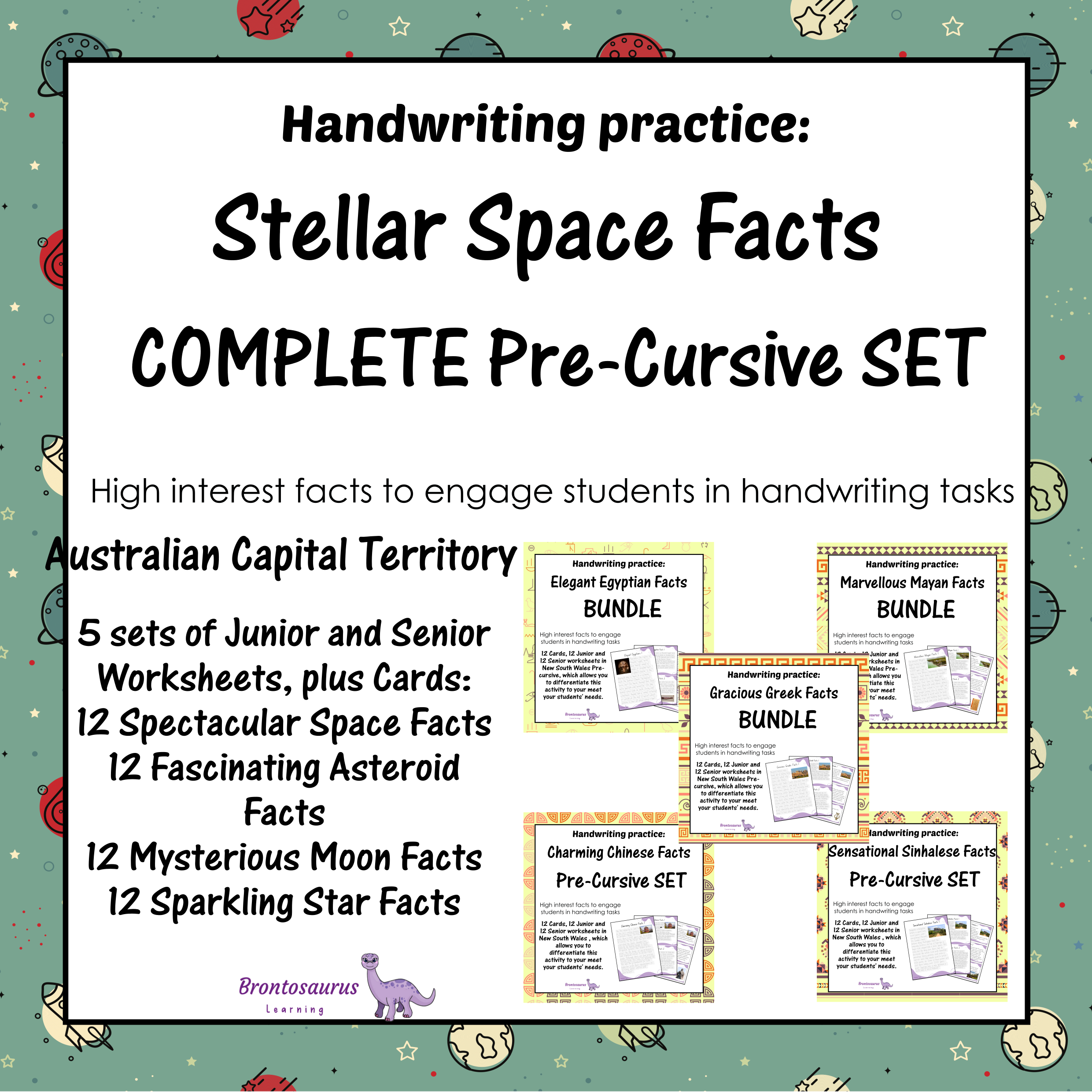 Cover preview of the Spectacular Space Facts pre-cursive handwriting bundle for Australian Capital Territory, a printable classroom resource collection.