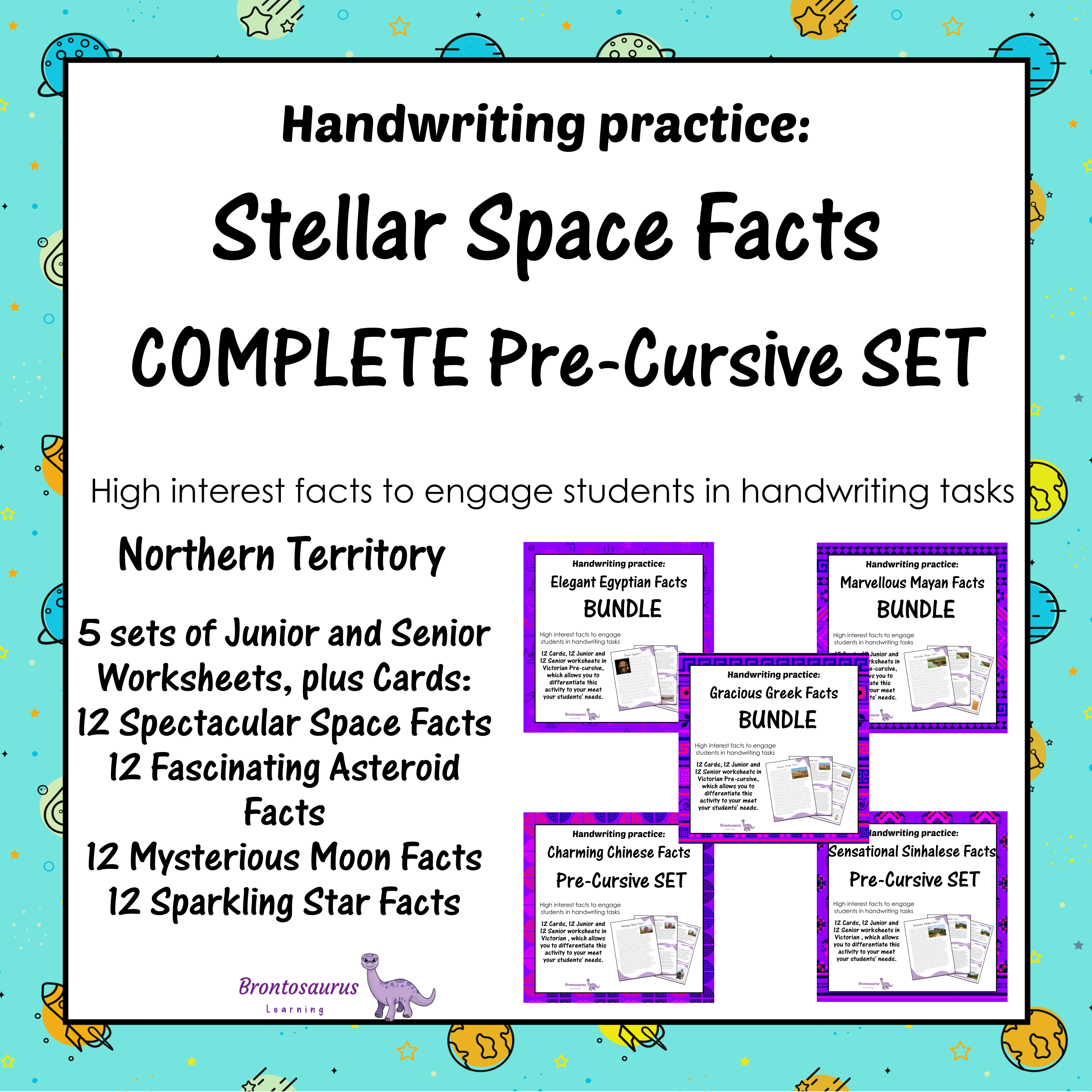 Northern Territory Space 3 Cover preview of the Spectacular Space Facts pre-cursive handwriting bundle for Northern Territory, a printable classroom resource collection.