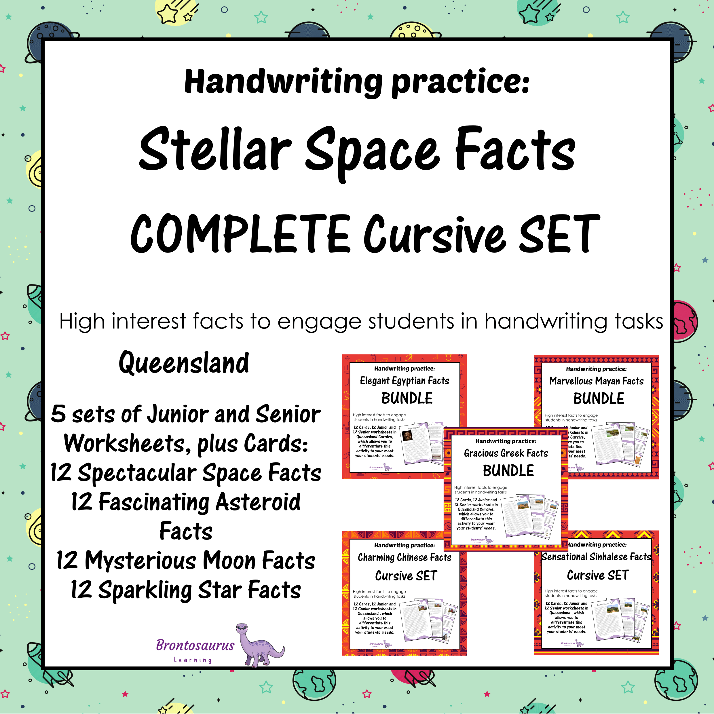 Queensland Space 4 Cover preview of the Spectacular Space Facts cursive handwriting bundle for Queensland, a printable classroom resource collection.