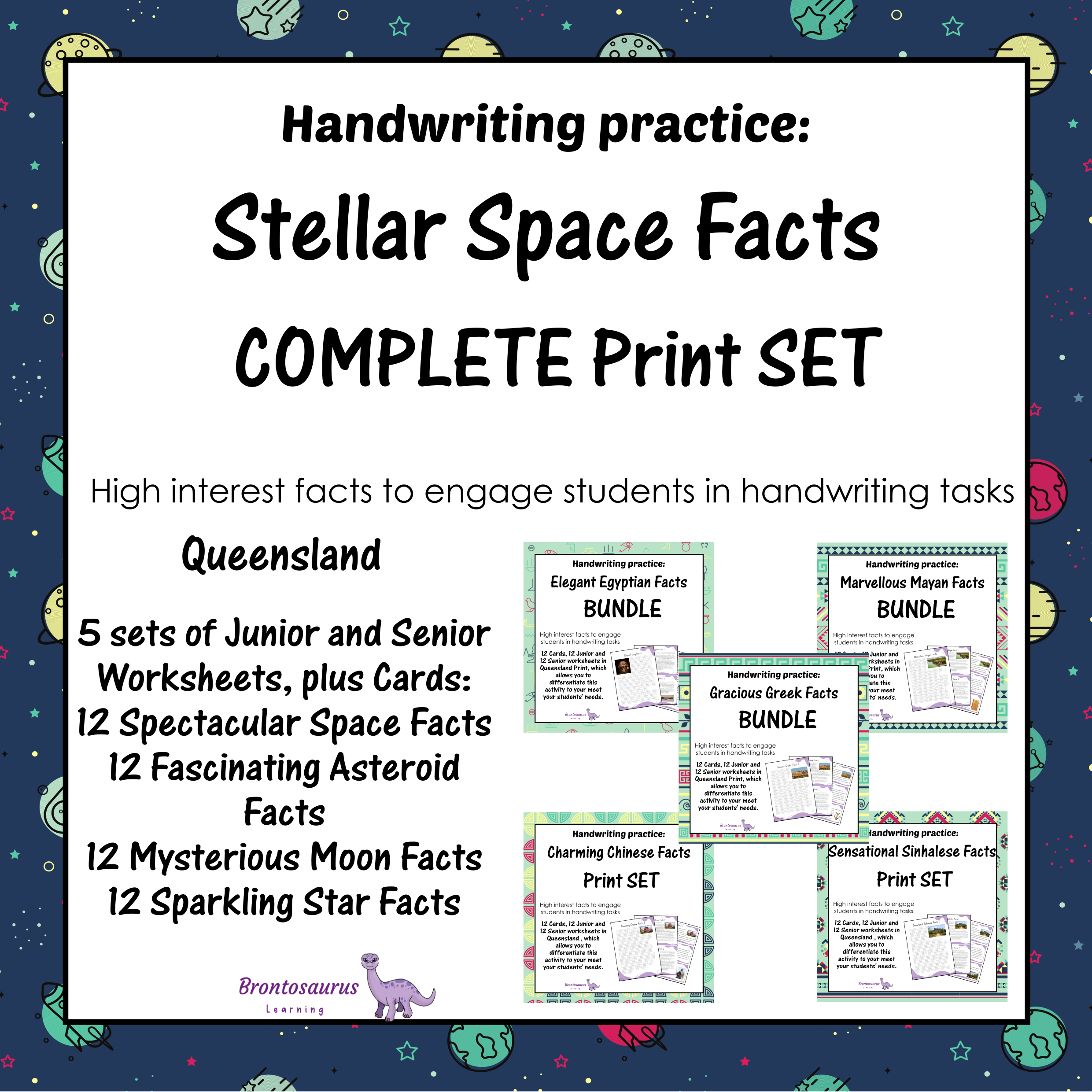 Queensland Space 2 Cover preview of the Spectacular Space Facts print handwriting bundle for Queensland, a printable classroom resource collection.