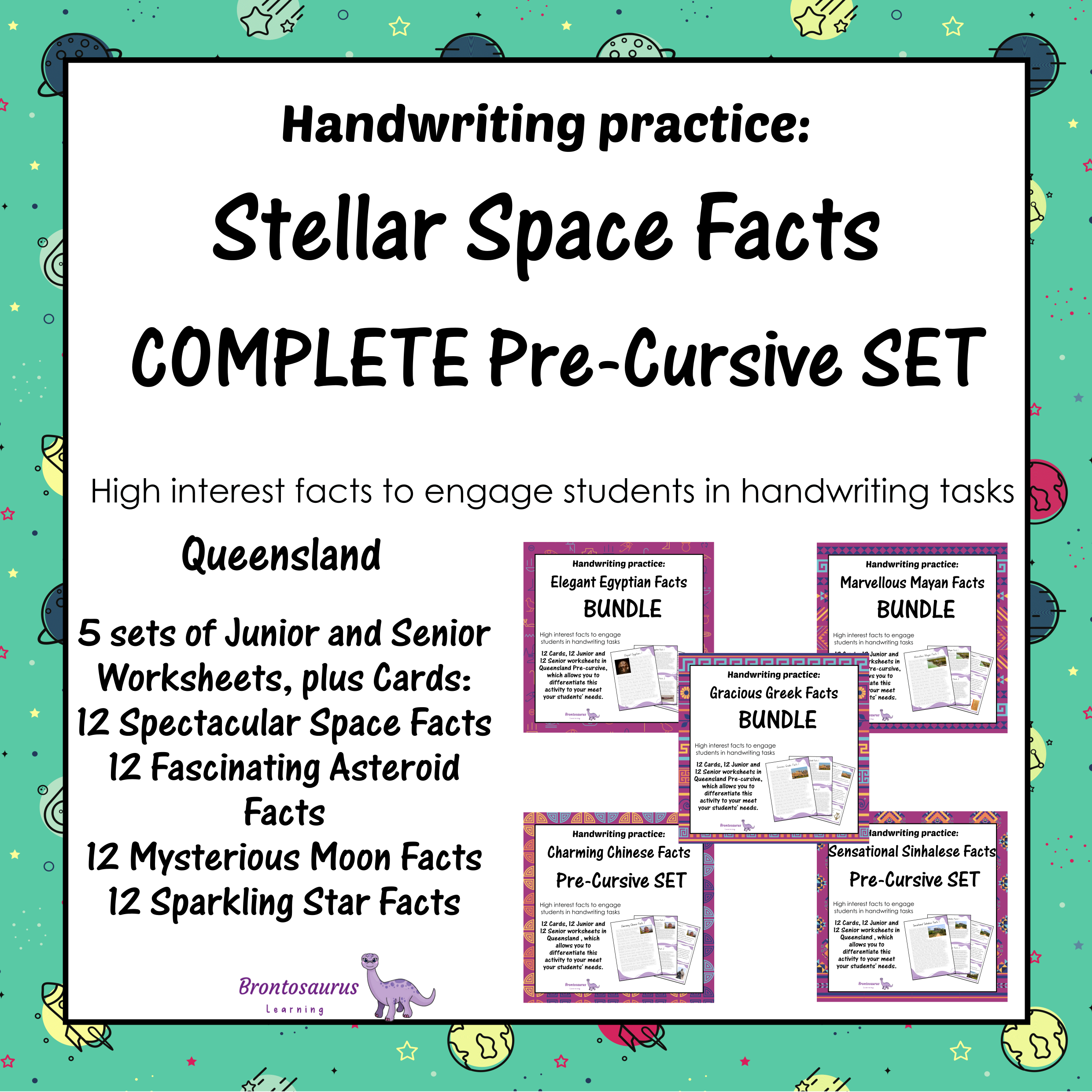 Queensland Space 3 Cover preview of the Spectacular Space Facts pre-cursive handwriting bundle for Queensland, a printable classroom resource collection.