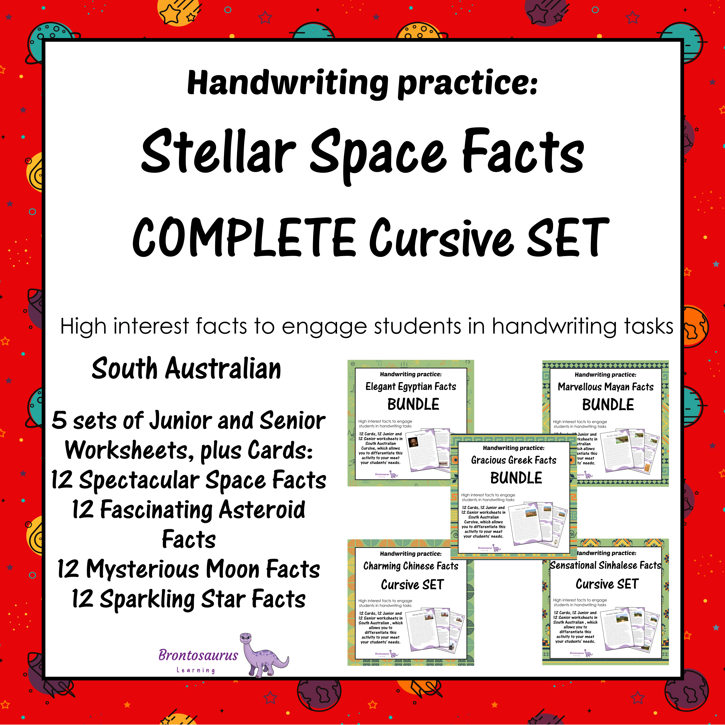 South Australia Space 4 Cover preview of the Spectacular Space Facts cursive handwriting bundle for South Australia, a printable classroom resource collection.
