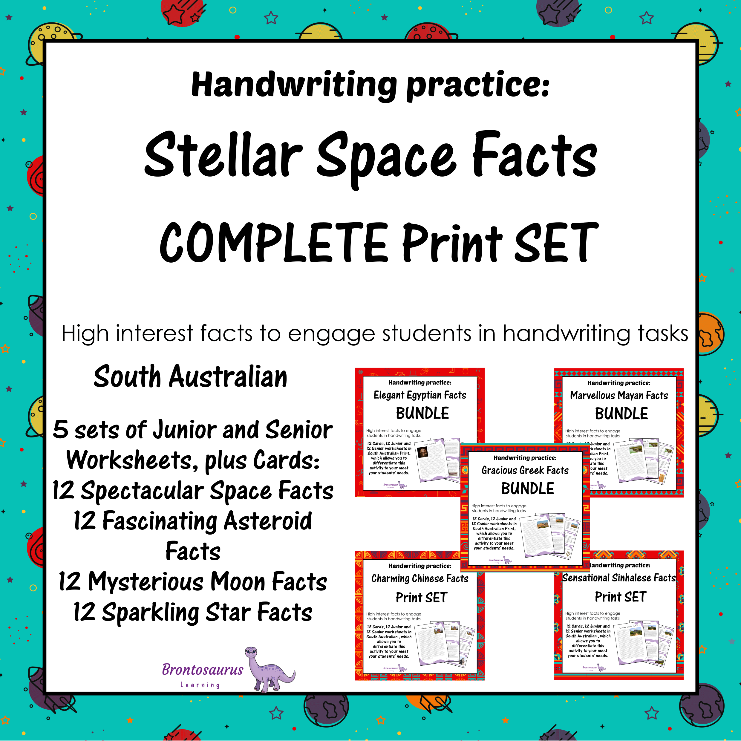 South Australia Space 2 Cover preview of the Spectacular Space Facts print handwriting bundle for South Australia, a printable classroom resource collection.