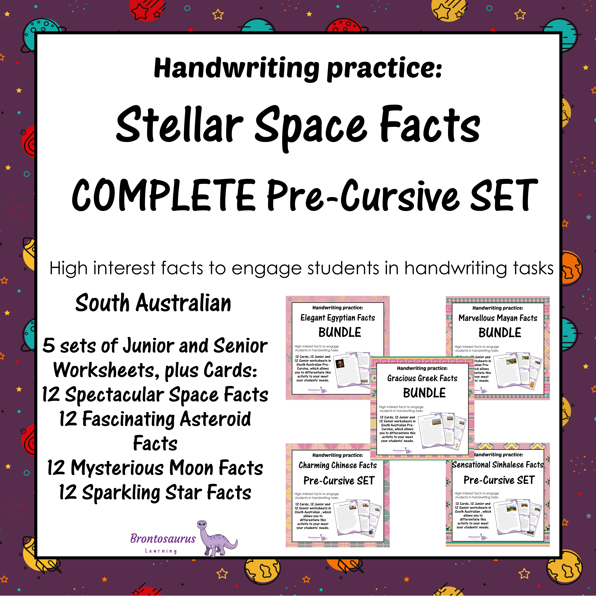 South Australia Space 3 Cover preview of the Spectacular Space Facts pre-cursive handwriting bundle for South Australia, a printable classroom resource collection.