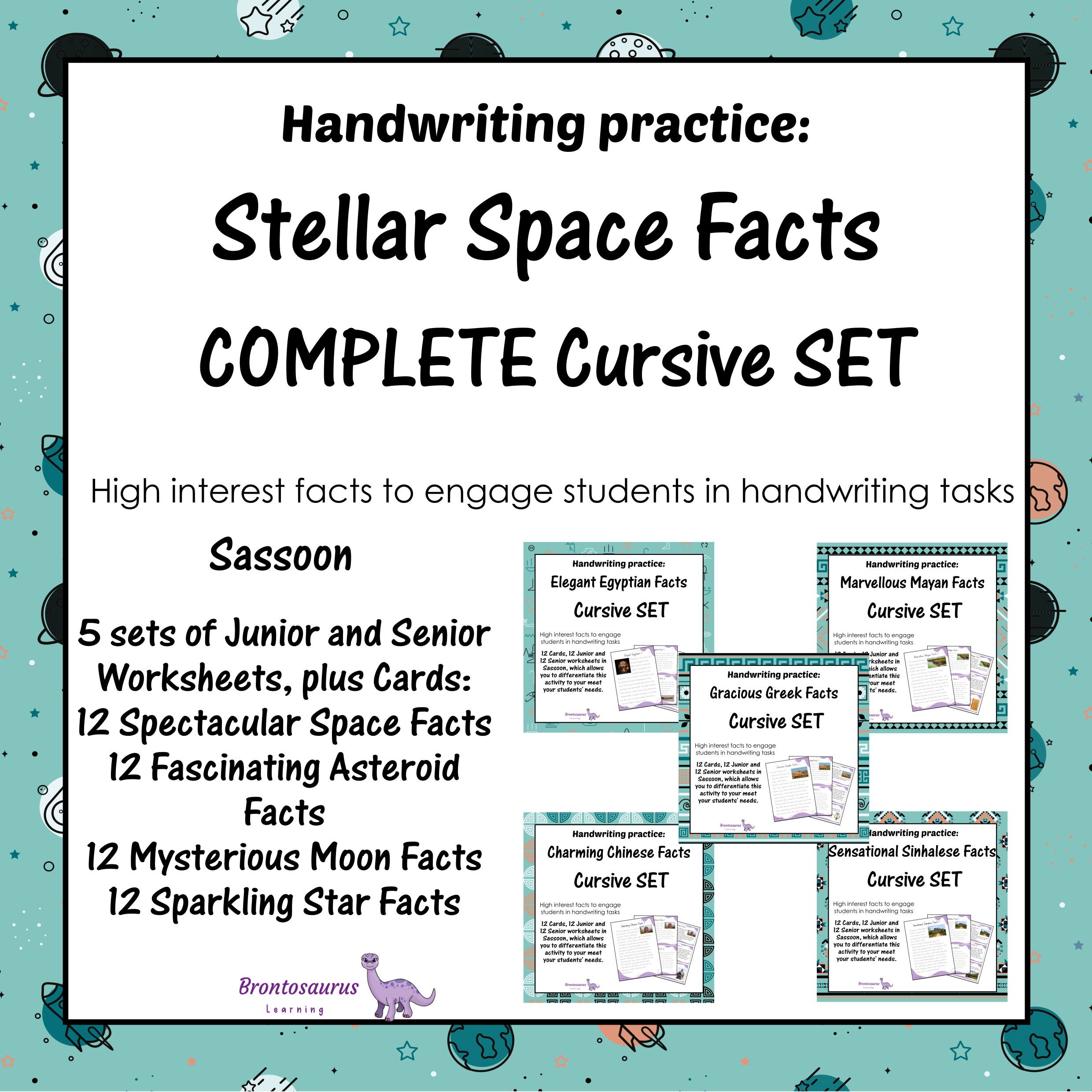 Sassoon Space 4 Cover preview of the Spectacular Space Facts cursive handwriting bundle for Sassoon, a printable classroom resource collection.