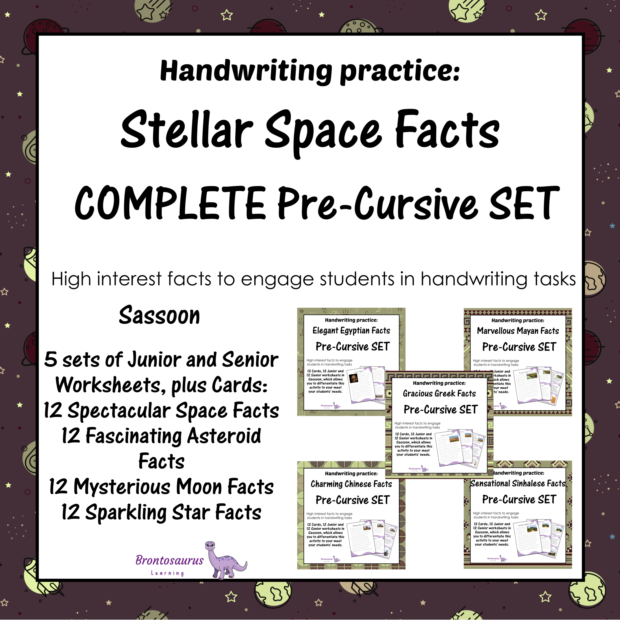 Sassoon Space 3 Cover preview of the Spectacular Space Facts pre-cursive handwriting bundle for Sassoon, a printable classroom resource collection.