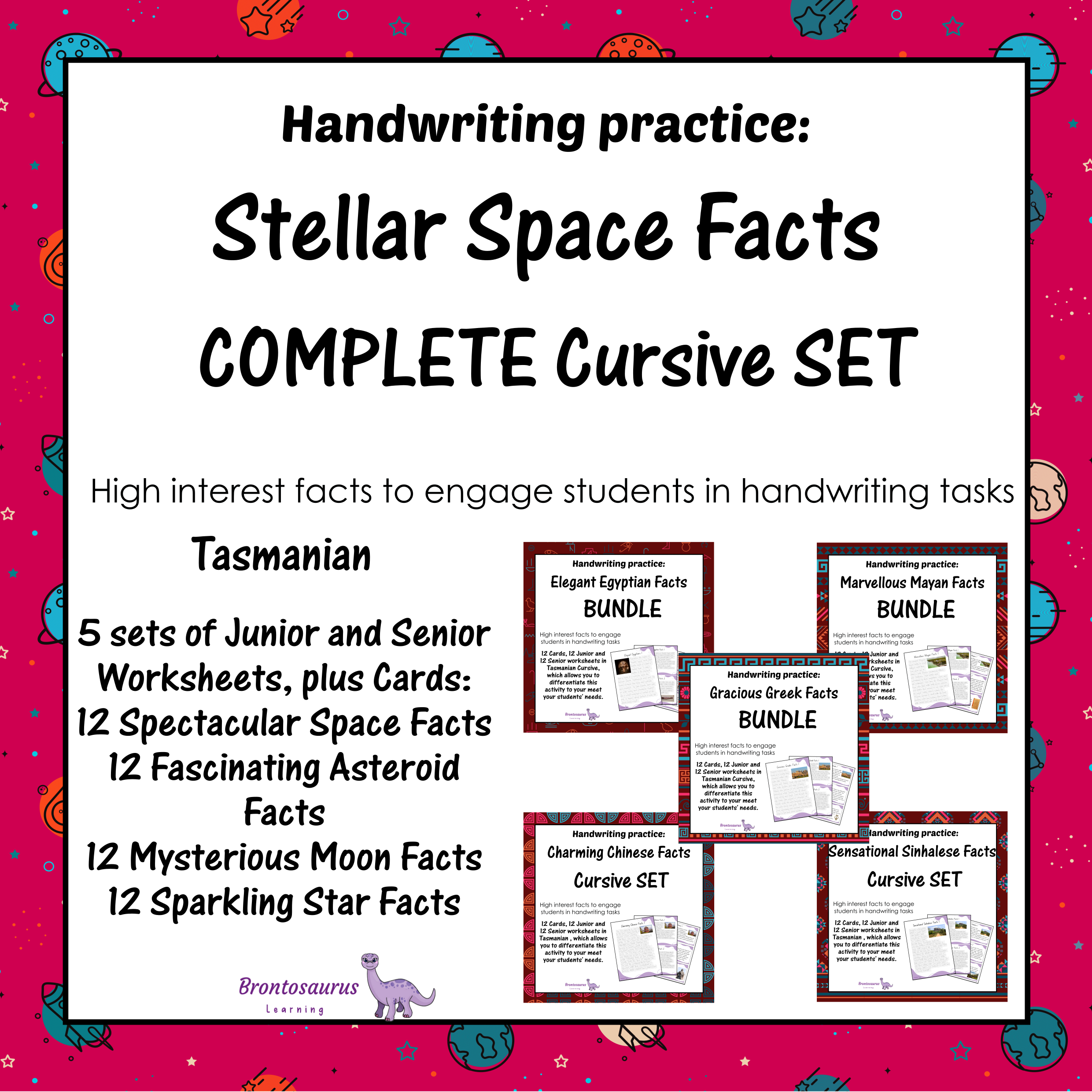 Tasmania Space 4 Cover preview of the Spectacular Space Facts cursive handwriting bundle for Tasmania, a printable classroom resource collection.
