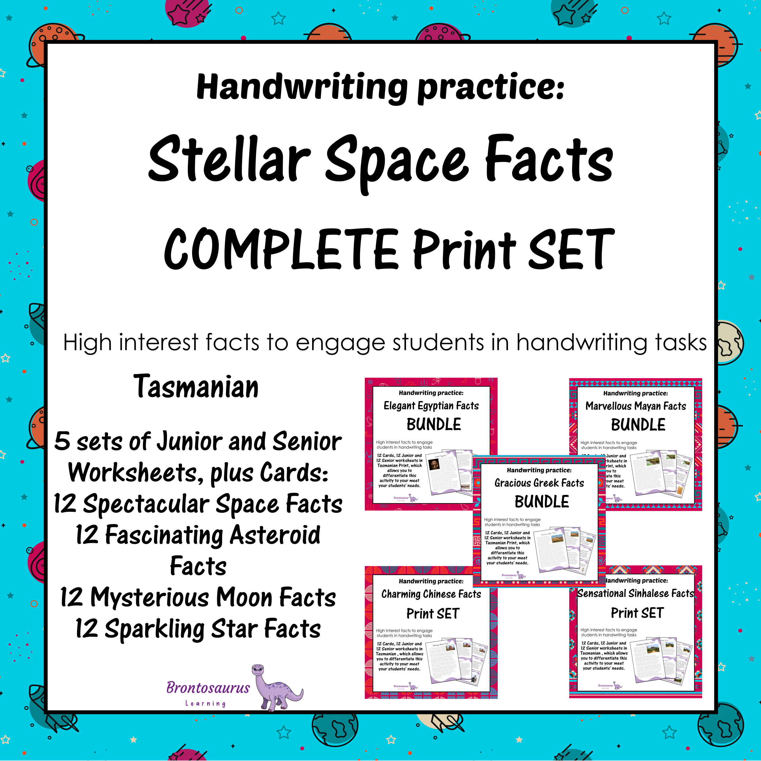 Tasmania Space 2 Cover preview of the Spectacular Space Facts print handwriting bundle for Tasmania, a printable classroom resource collection.