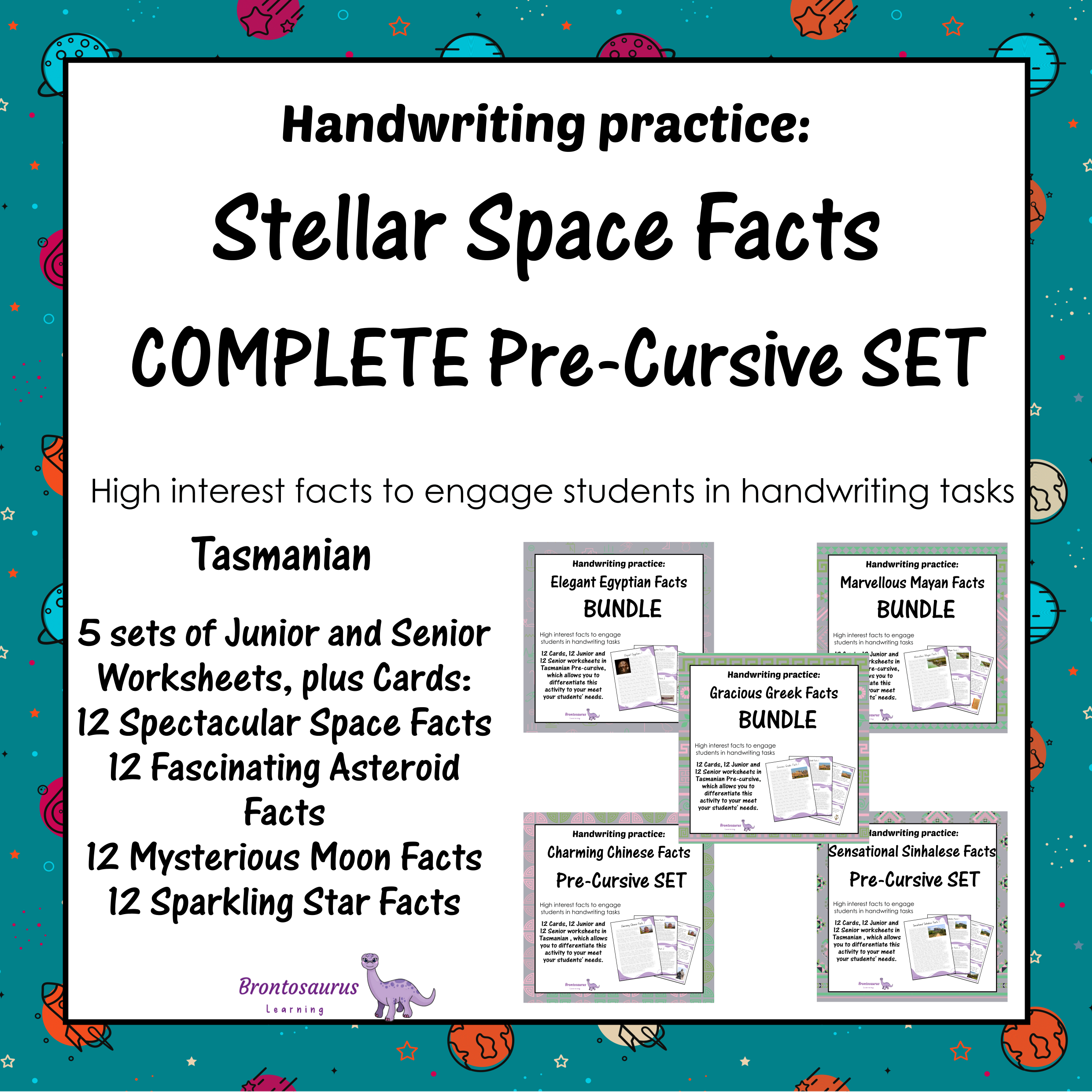 Tasmania Space 3 Cover preview of the Spectacular Space Facts pre-cursive handwriting bundle for Tasmania, a printable classroom resource collection.