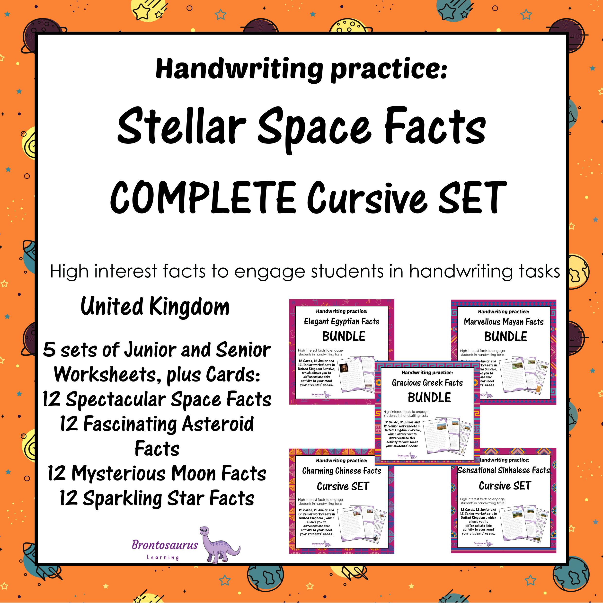 United Kingdom Space 4 Cover preview of the Spectacular Space Facts cursive handwriting bundle for United Kingdom, a printable classroom resource collection.