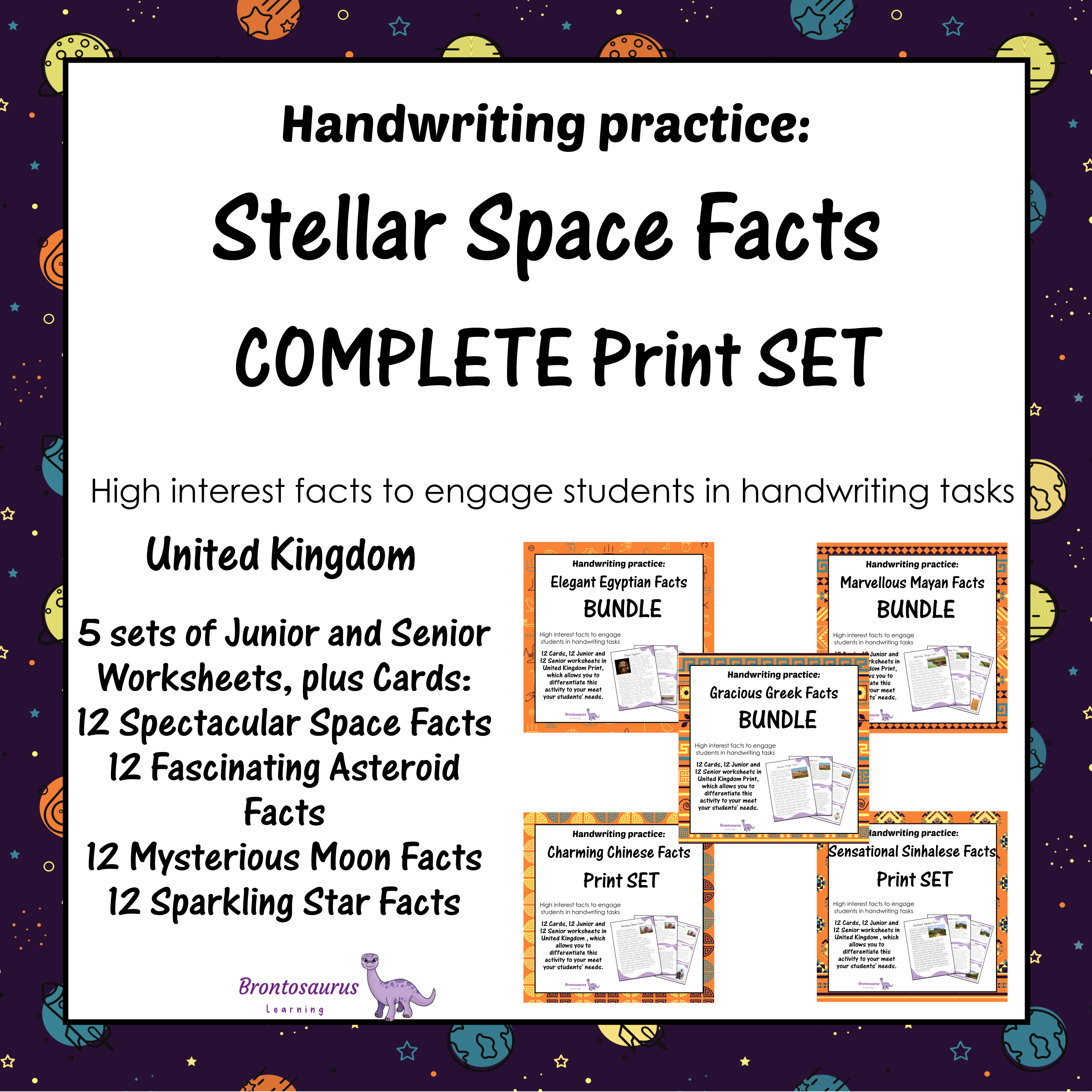 United Kingdom Space 2 Cover preview of the Spectacular Space Facts print handwriting bundle for United Kingdom, a printable classroom resource collection.