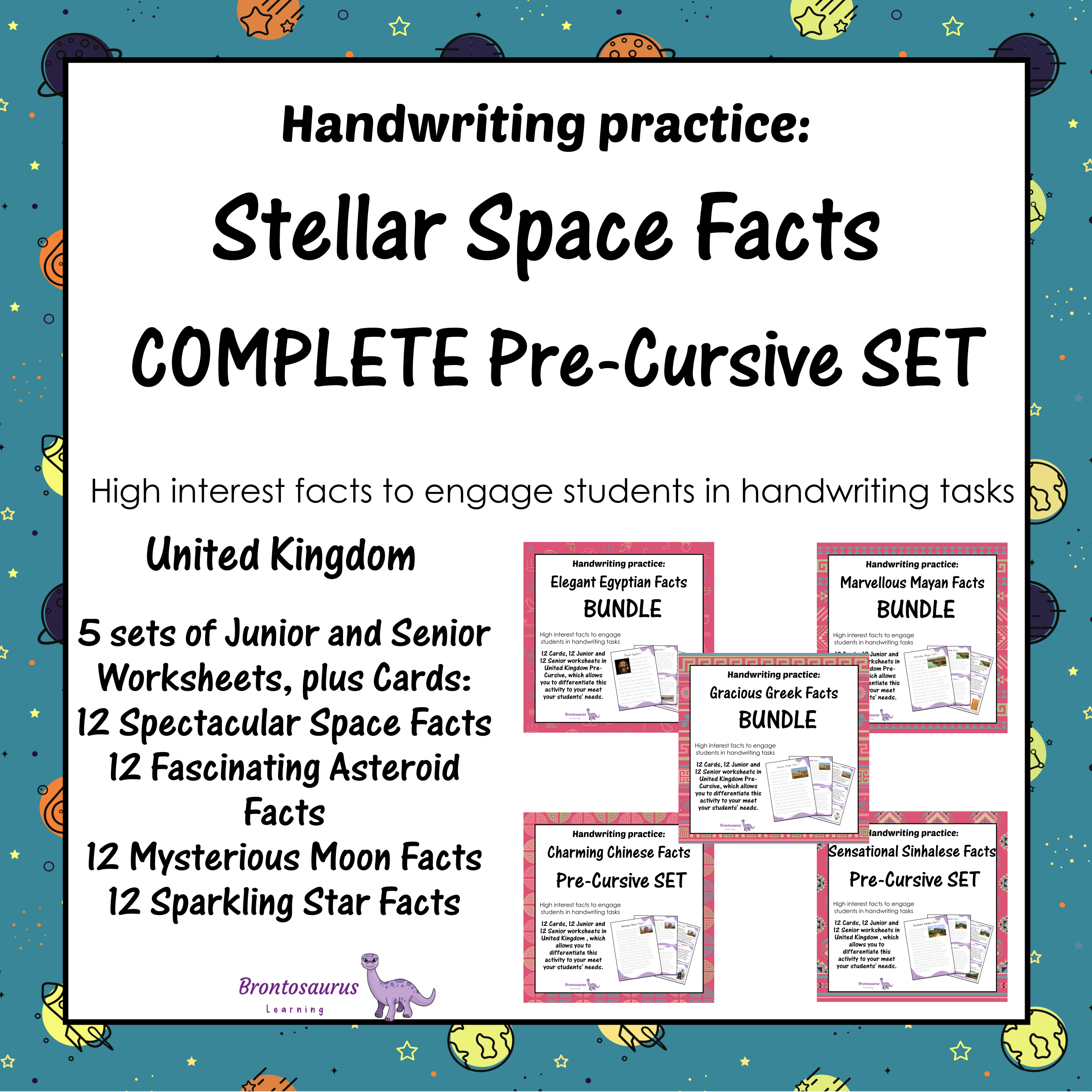 United Kingdom Space 3 Cover preview of the Spectacular Space Facts pre-cursive handwriting bundle for United Kingdom, a printable classroom resource collection.