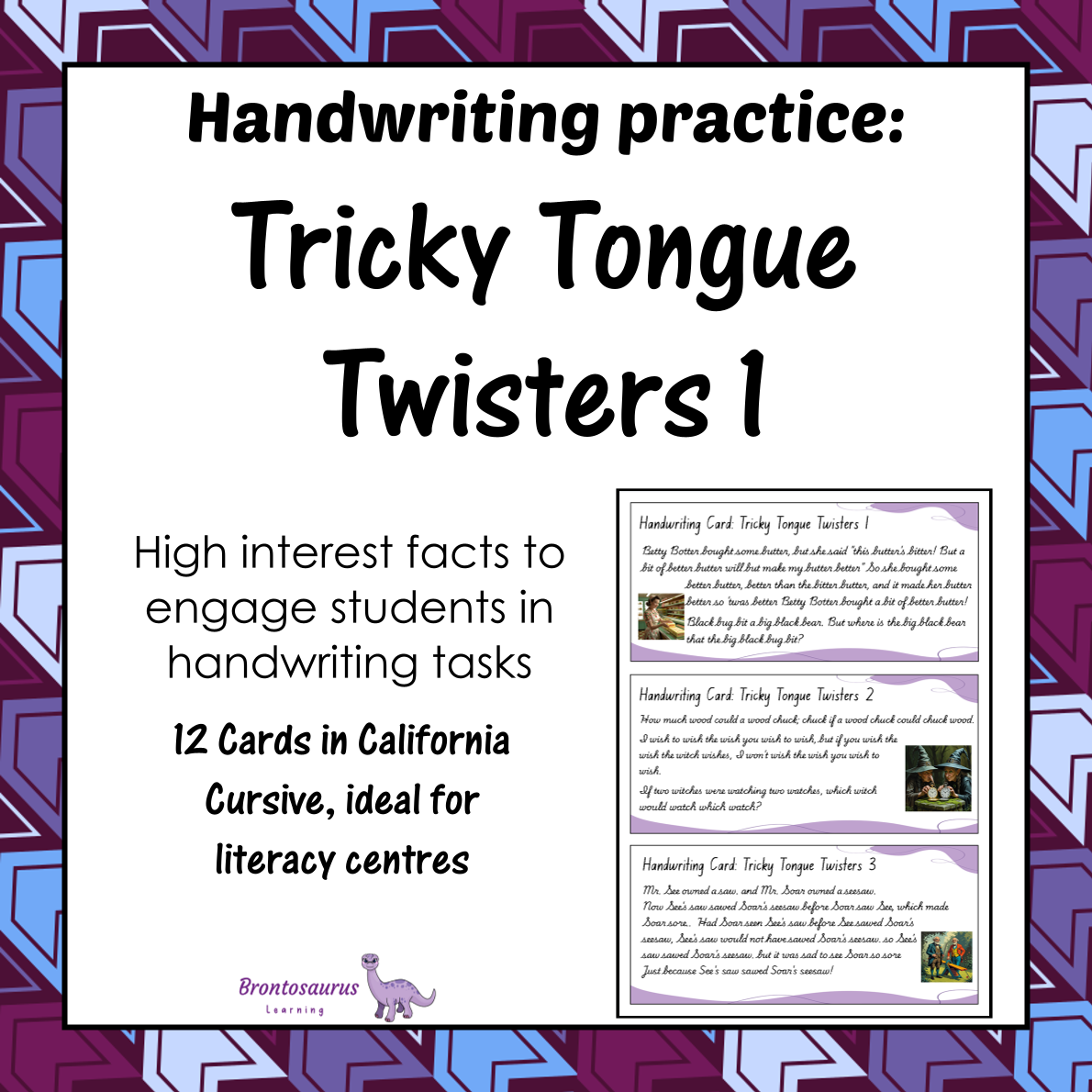 Cover preview of Tricky Tongue Twisters handwriting cards for California in cursive handwriting, a printable classroom resource.