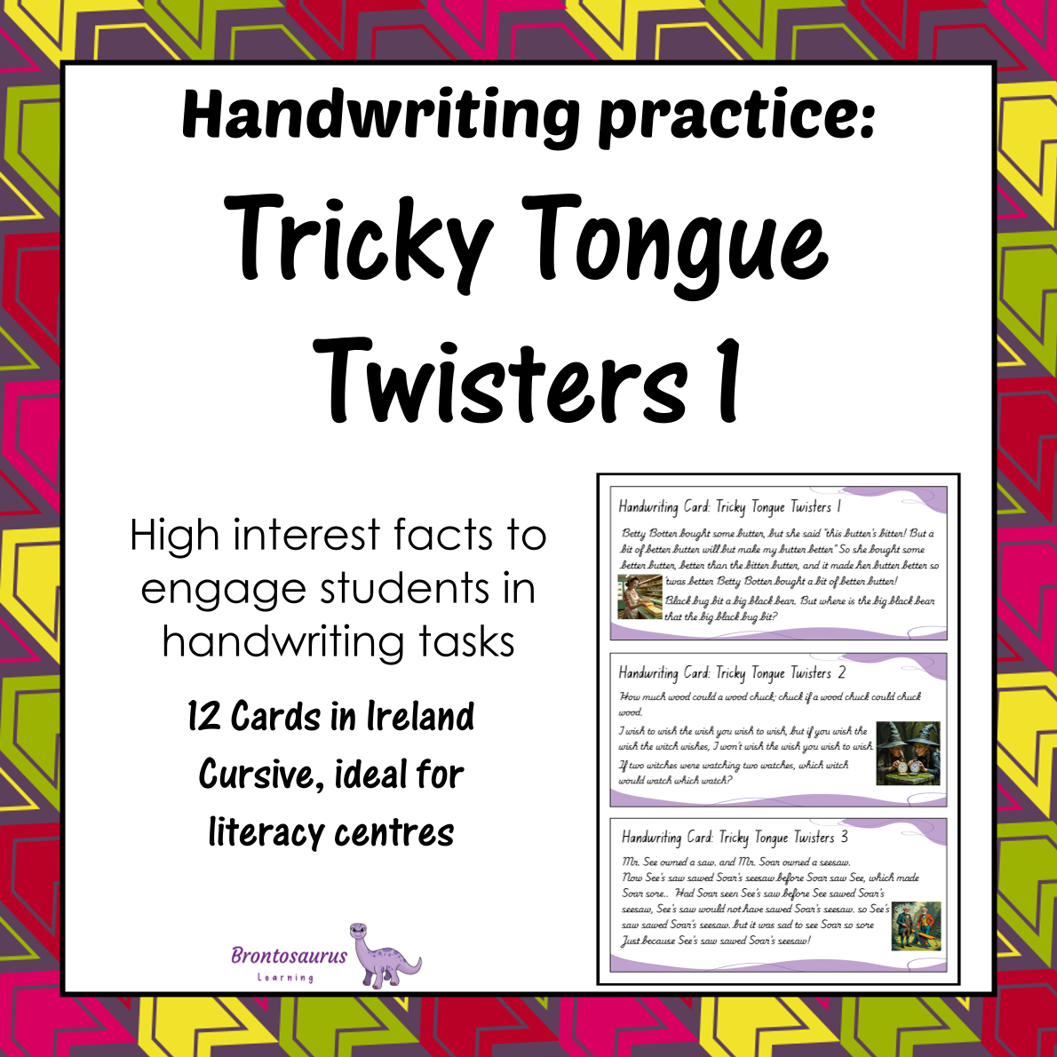 Cover preview of Tricky Tongue Twisters handwriting cards for Ireland in cursive handwriting, a printable classroom resource.