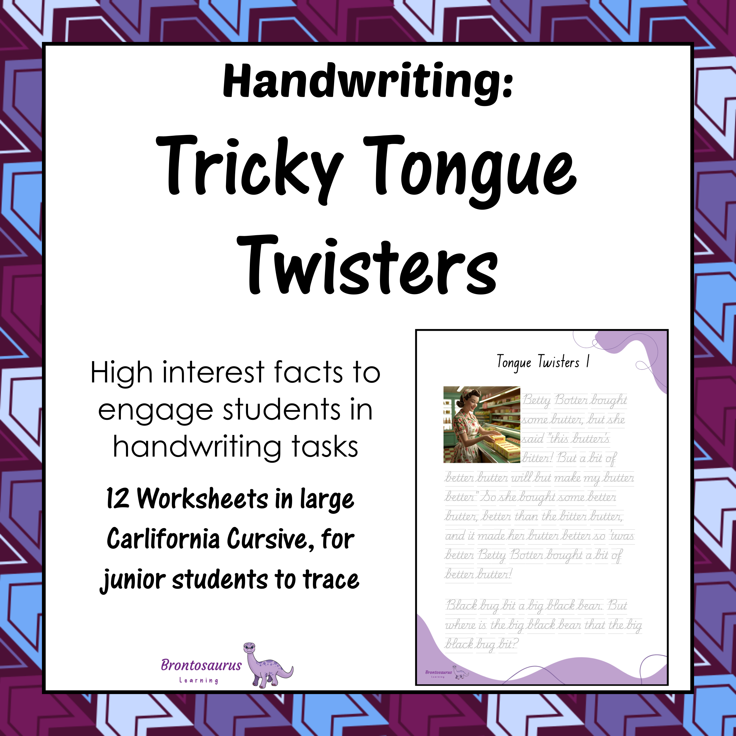 Cover preview of Tricky Tongue Twisters junior handwriting worksheets for California in cursive handwriting, a printable classroom resource.