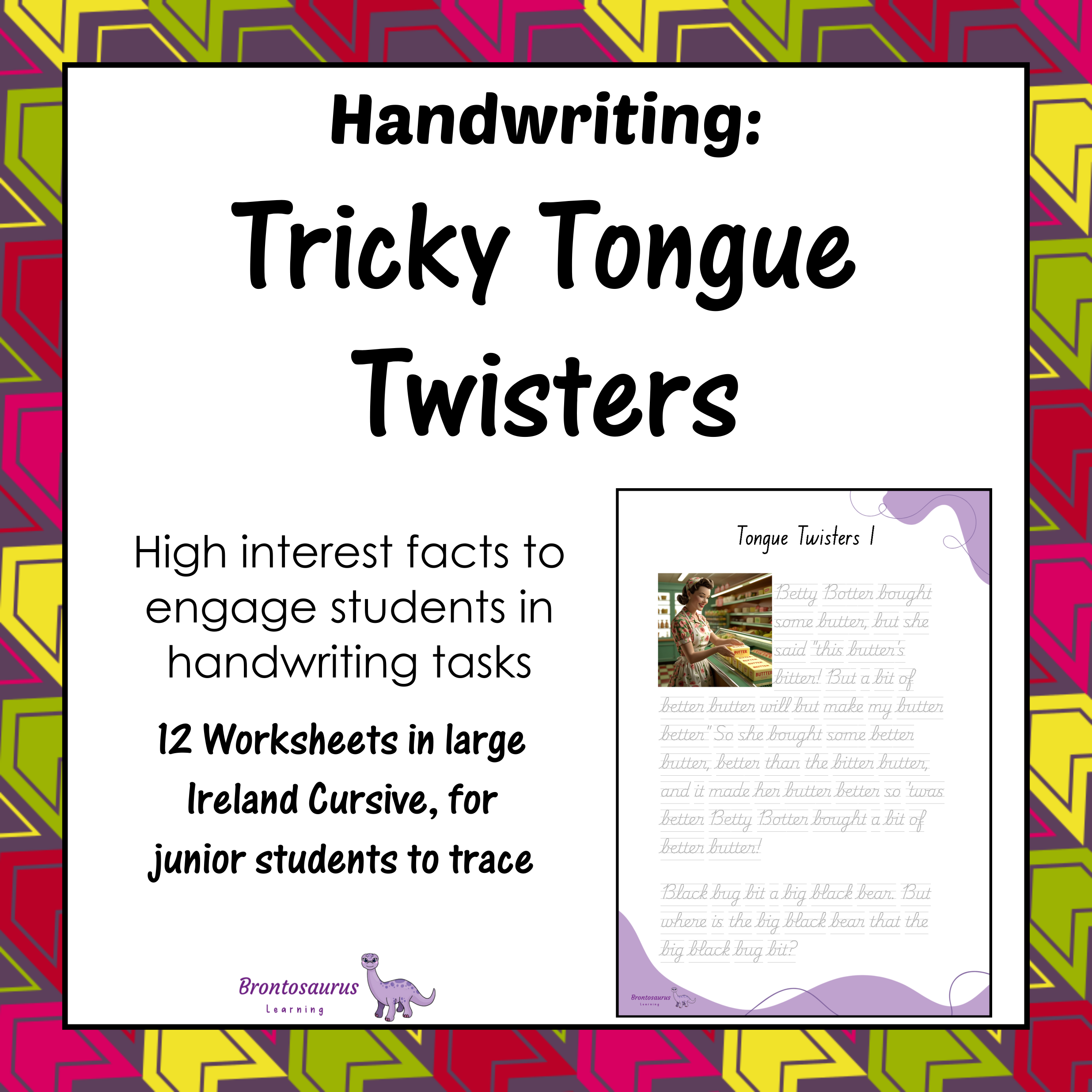 Cover preview of Tricky Tongue Twisters junior handwriting worksheets for Ireland in cursive handwriting, a printable classroom resource.