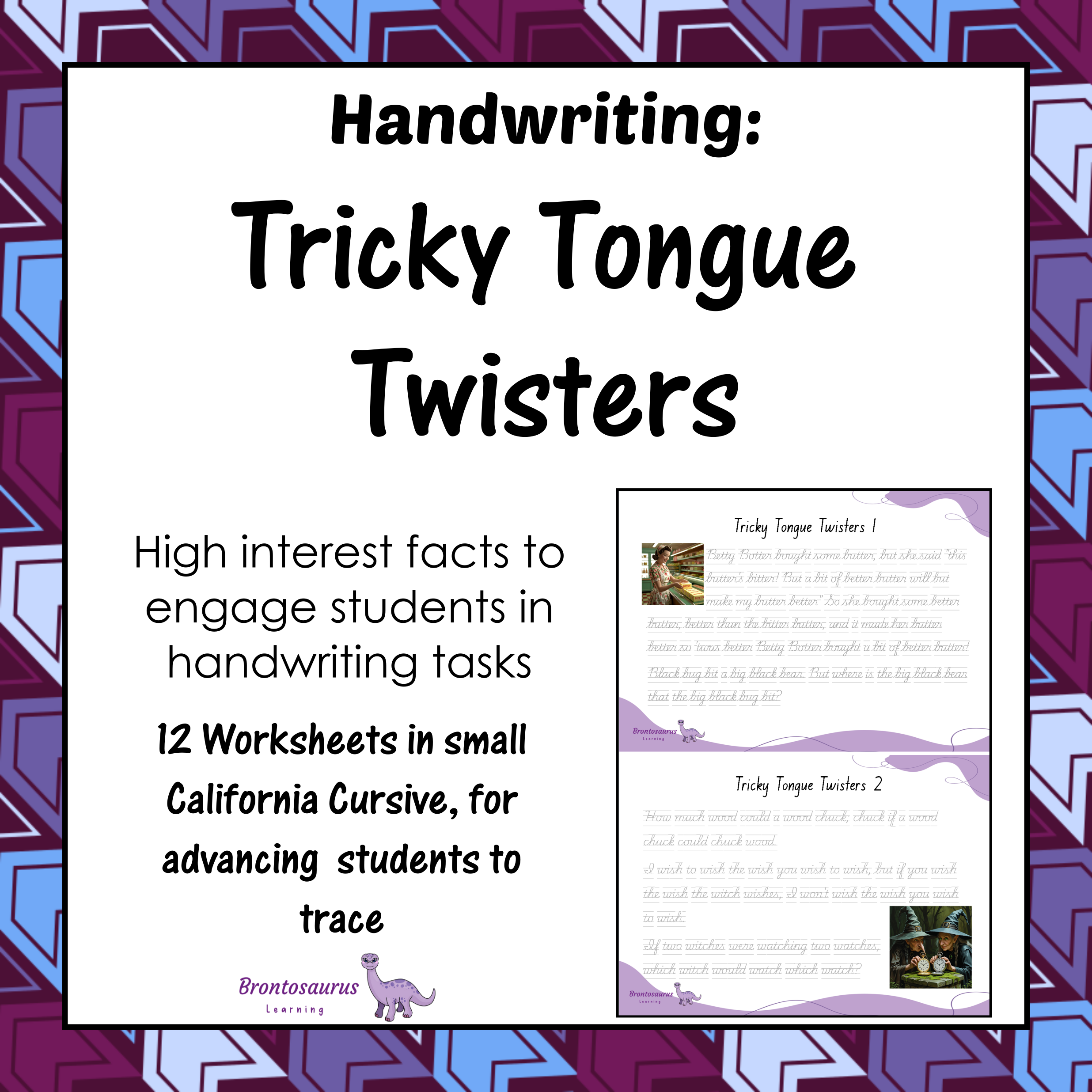 Cover preview of Tricky Tongue Twisters senior handwriting worksheets for California in cursive handwriting, a printable classroom resource.