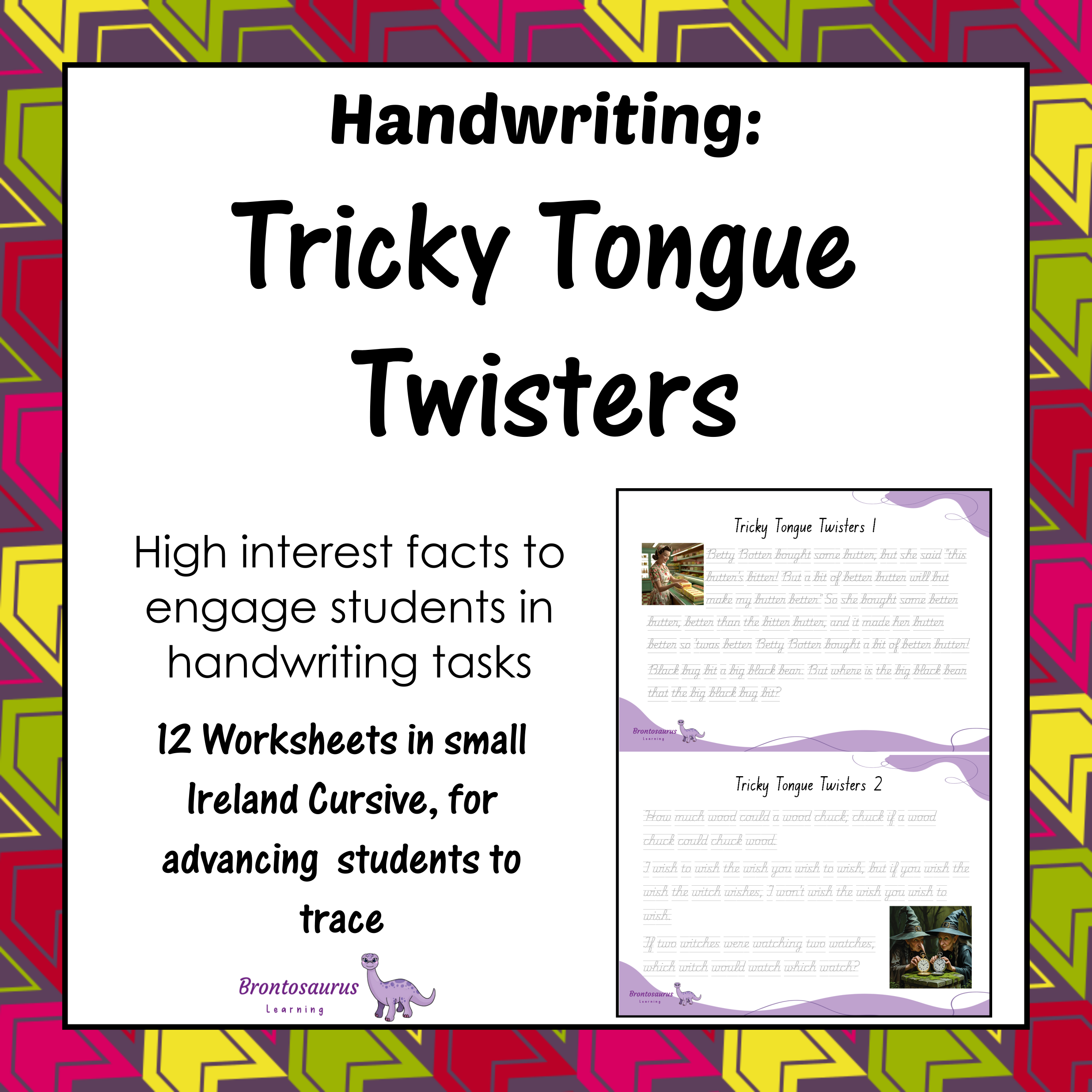 Cover preview of Tricky Tongue Twisters senior handwriting worksheets for Ireland in cursive handwriting, a printable classroom resource.