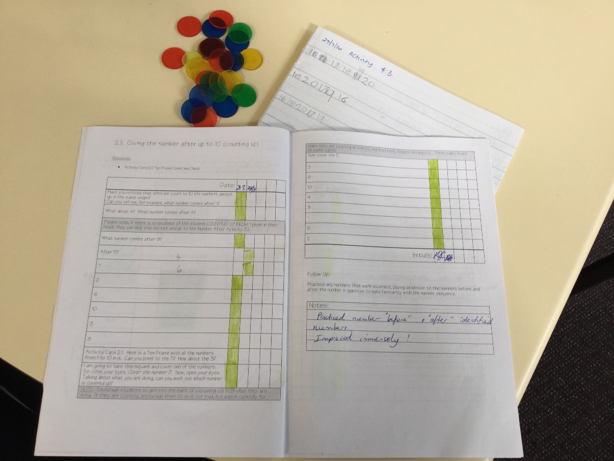 photo of student's Count Ability workbook showing progress with developing number knowledge