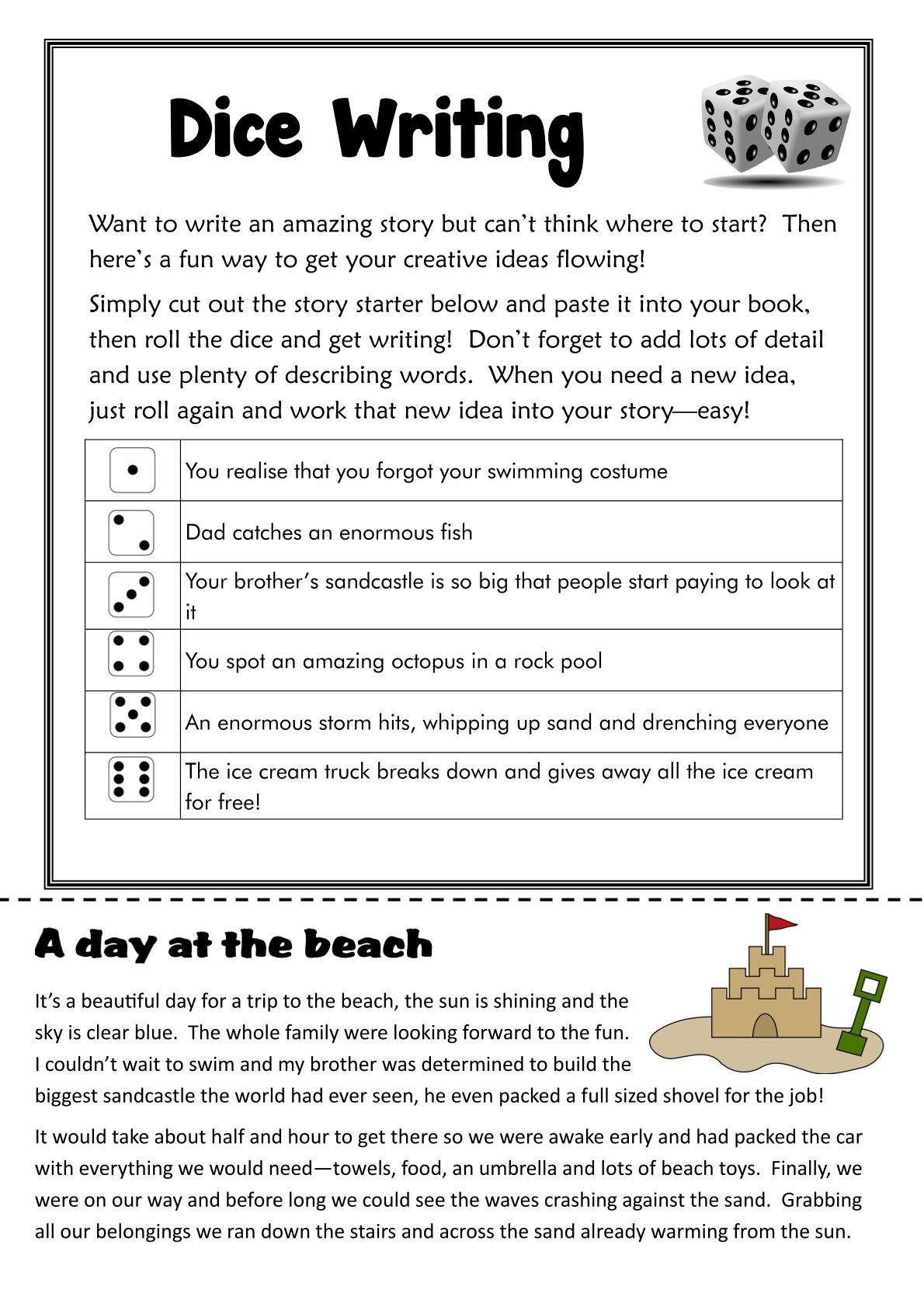 Dice Writing - A day at the beach 2 Student resource page preview for Dice Writing - A day at the beach