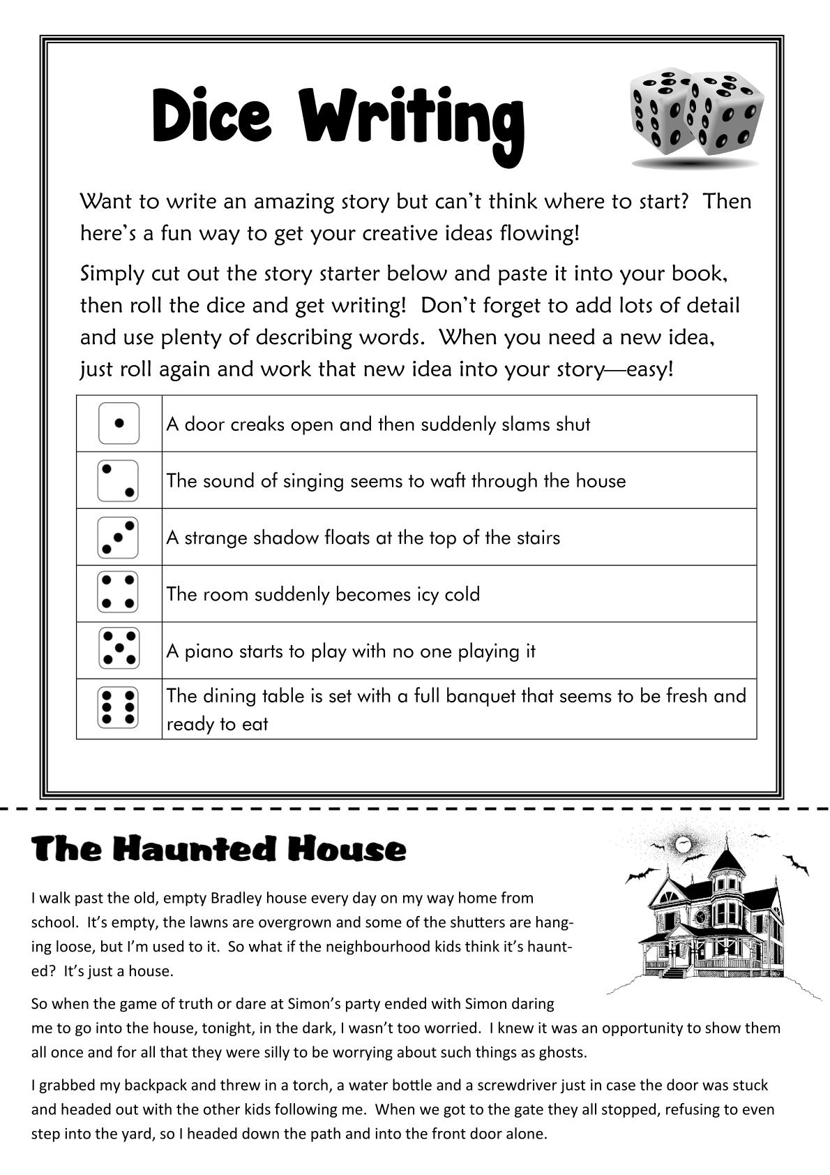 Student resource page preview for Dice Writing - Haunted House
